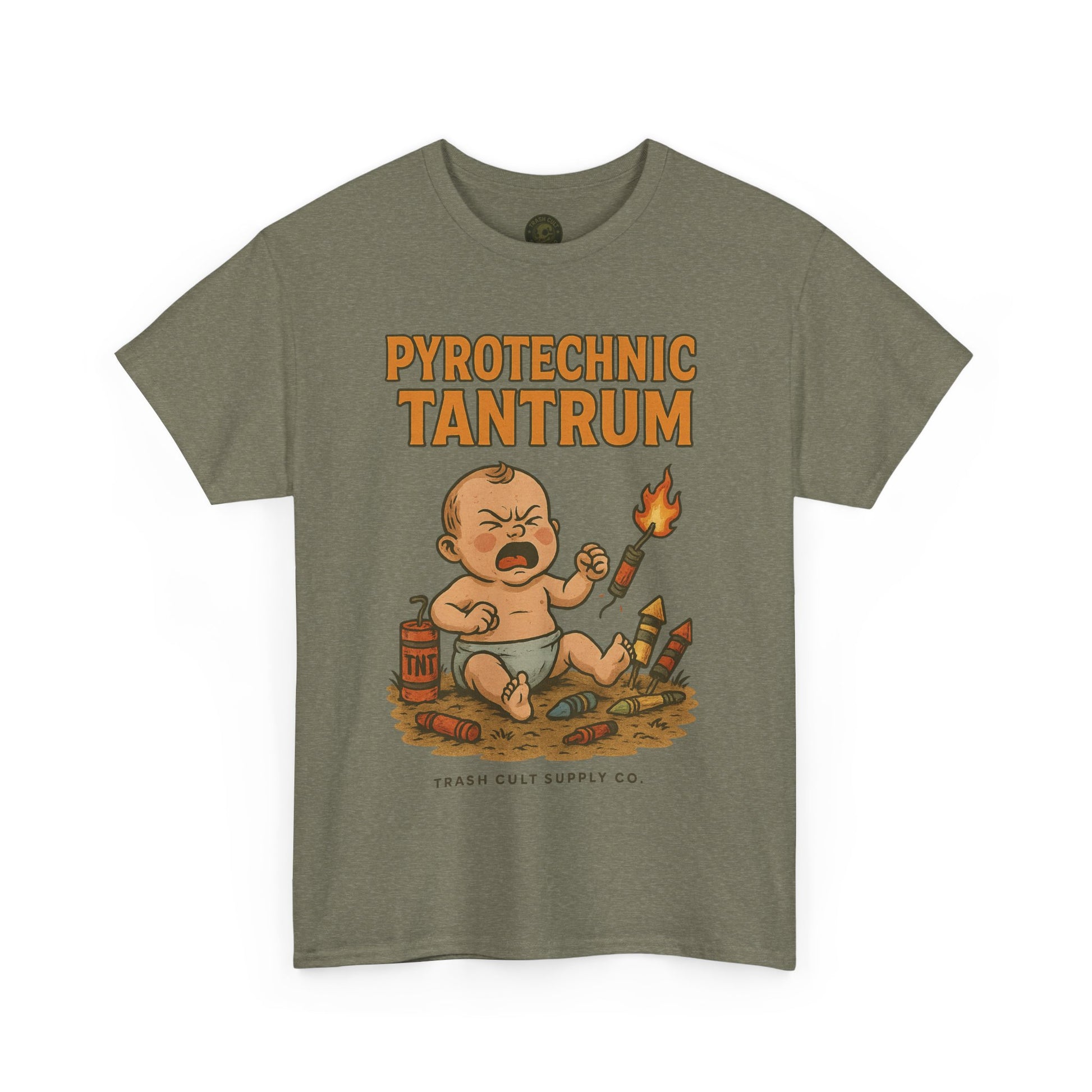 Pyrotechnic Tantrum T-Shirt – Explosive Baby Humor Graphic | Trash Cult Supply Co. | Gildan 5000 Tee