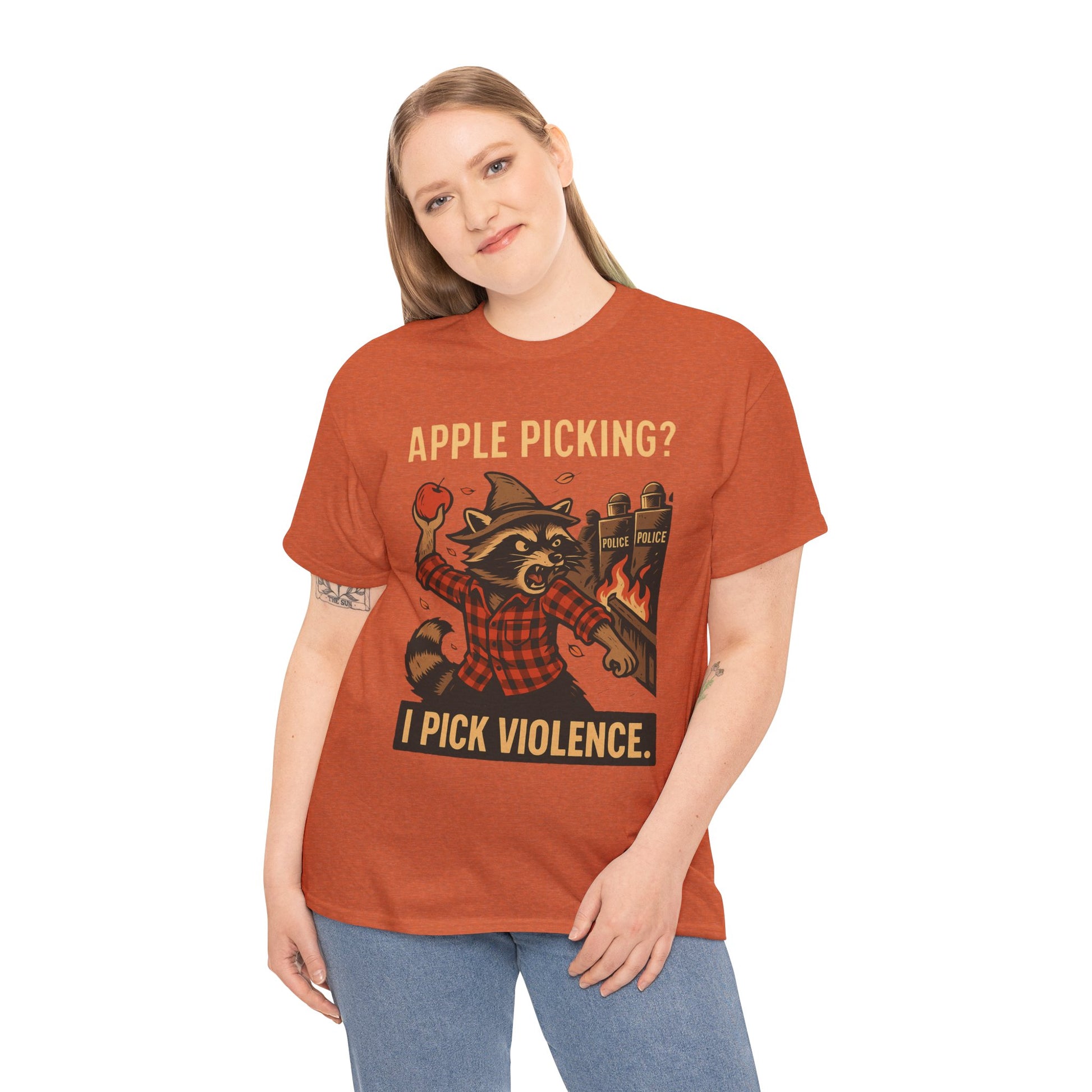 Apple Picking? I Pick Violence Shirt – Angry Raccoon Riot Tee – Fall of Humanity Collection – Trash Cult Supply Co.