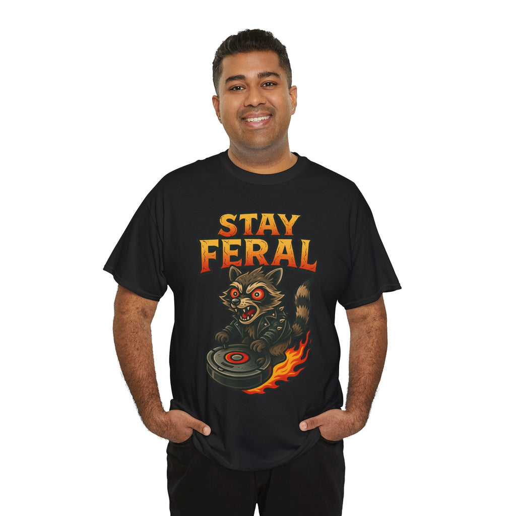 Stay Feral Roomba Raccoon T-Shirt – Bold New School Tattoo Style | Trash Cult Supply Co