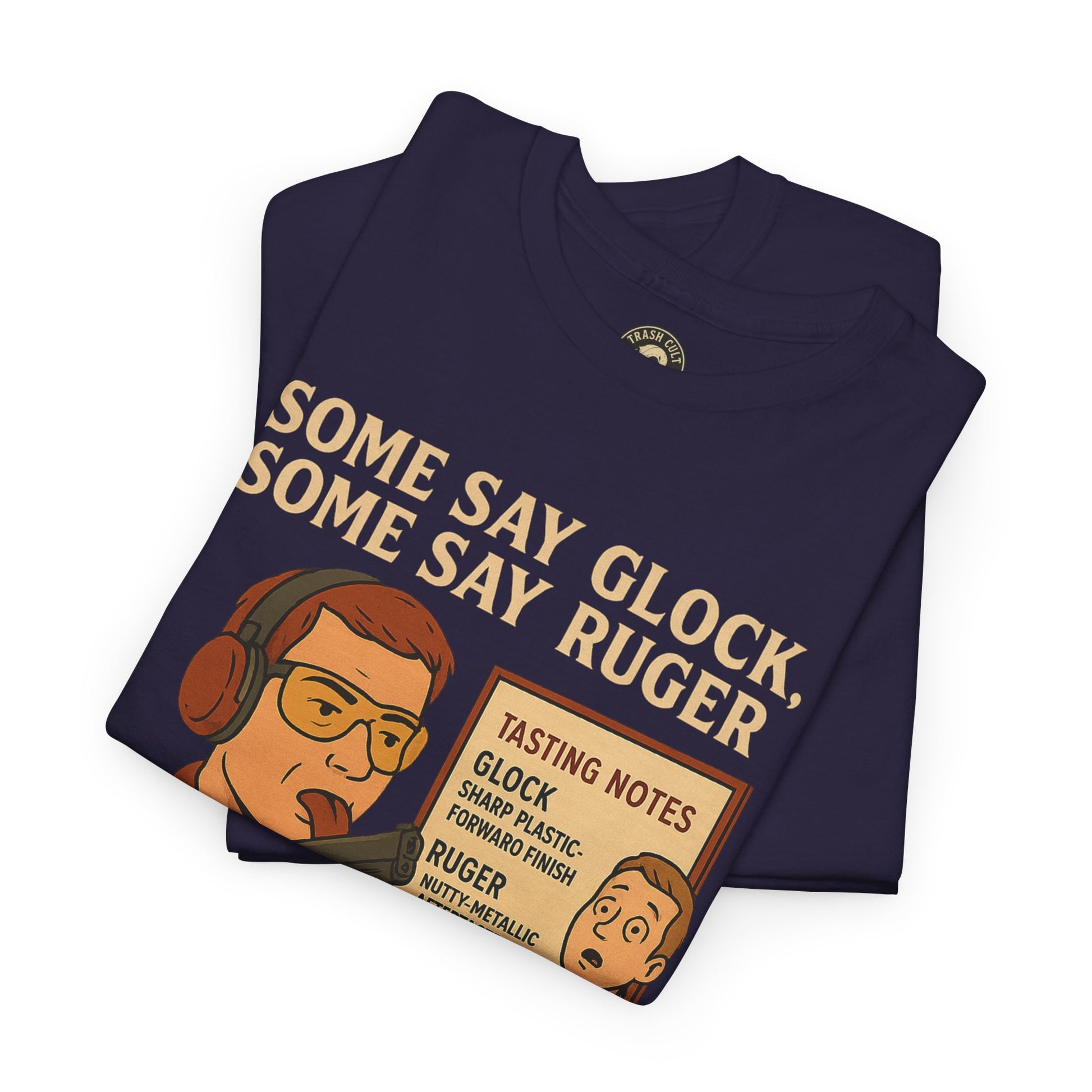 Glock vs Ruger Mouthfeel Shirt – Funny Gun Show Parody Tee | Dark Humor Firearm Tasting Notes Shirt