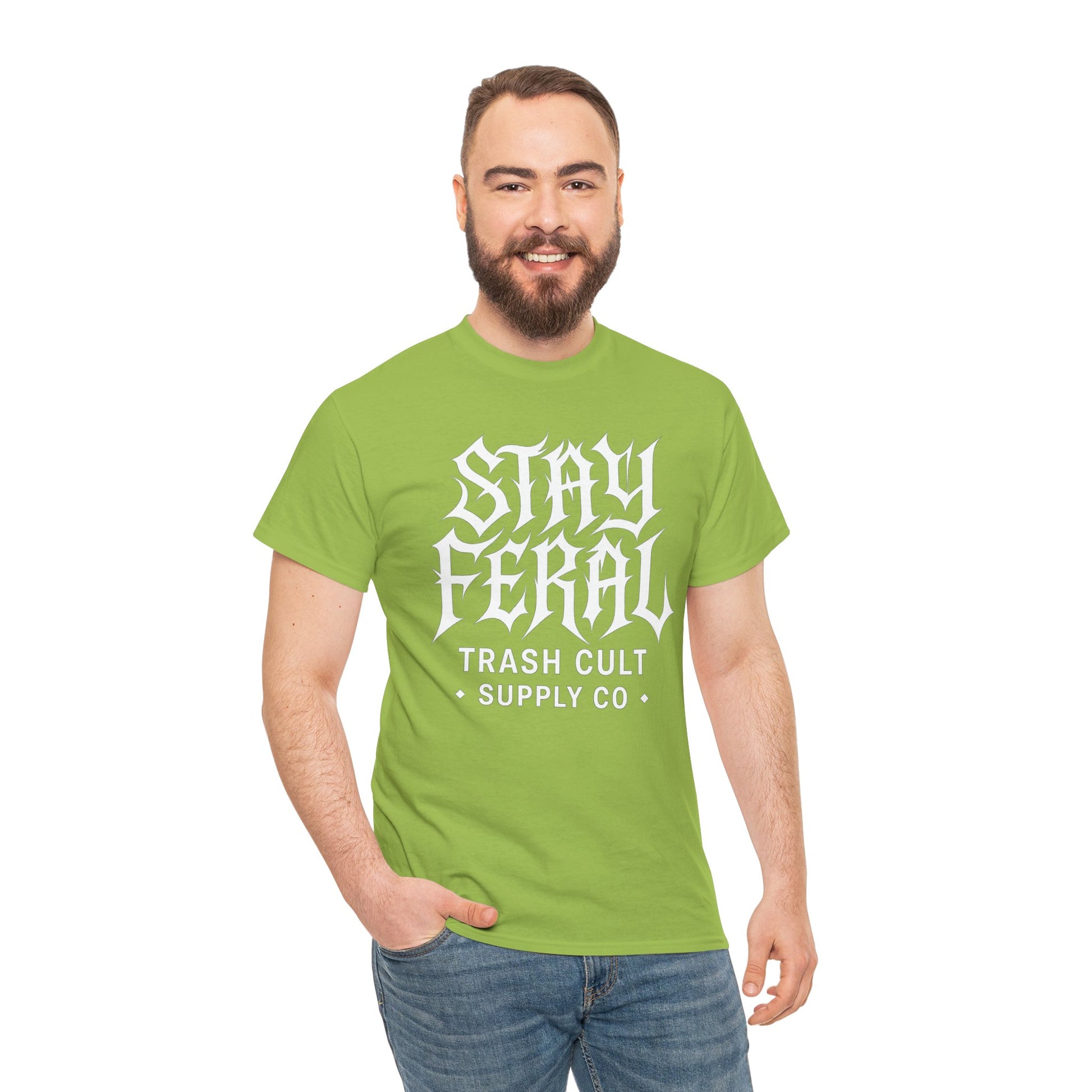 Unisex Heavy Cotton Tee - Stay Feral Graphic Tee, Streetwear Shirt, Gift for Wild Spirits, Eco-Friendly Casualwear, Summer Fashion