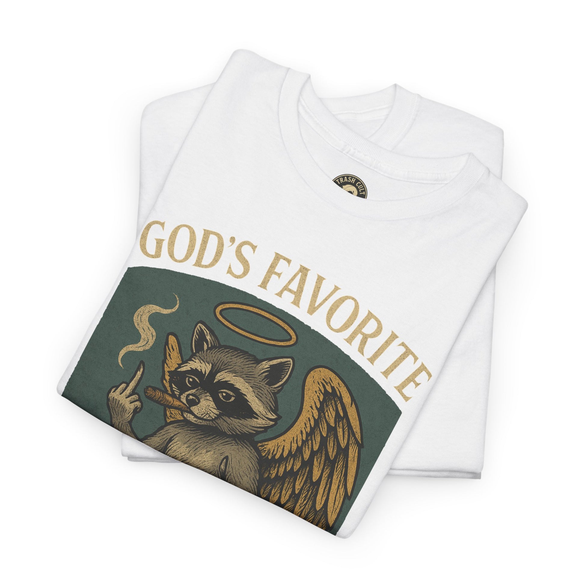God’s Favorite Mistake Shirt – Raccoon Angel Flipping the Bird by Trash Cult Supply Co.