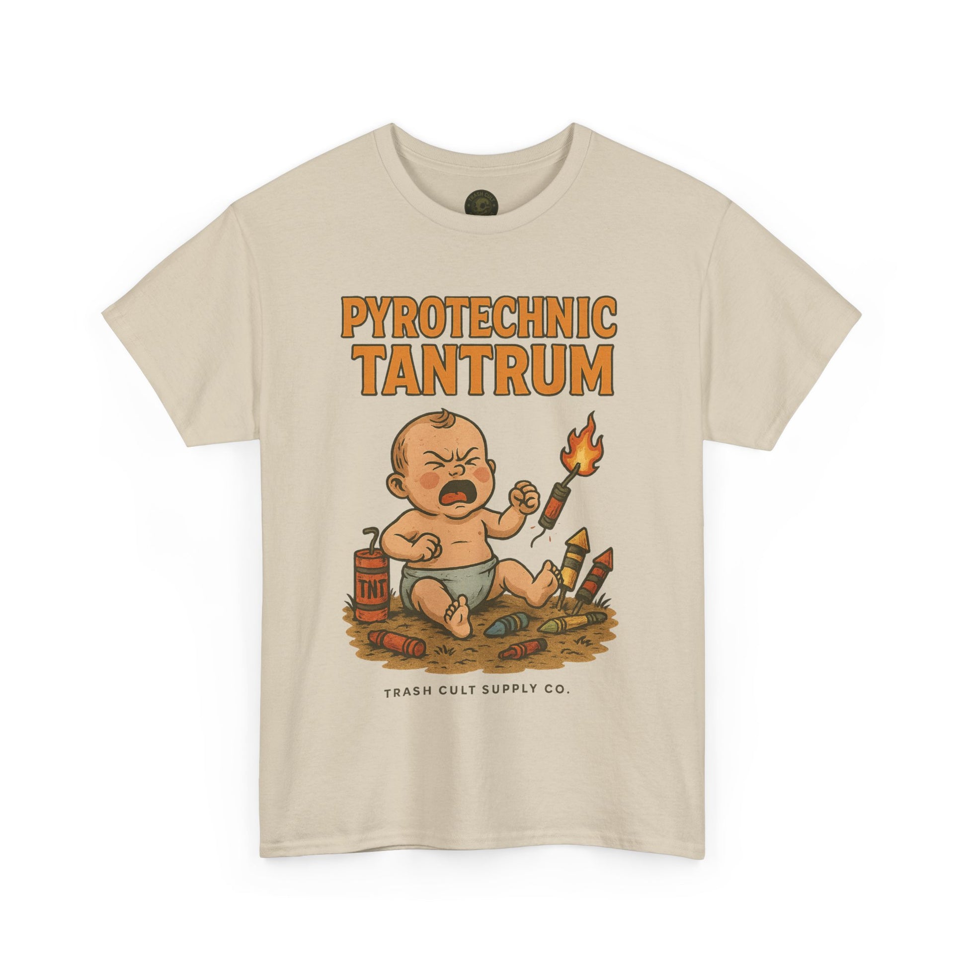 Pyrotechnic Tantrum T-Shirt – Explosive Baby Humor Graphic | Trash Cult Supply Co. | Gildan 5000 Tee