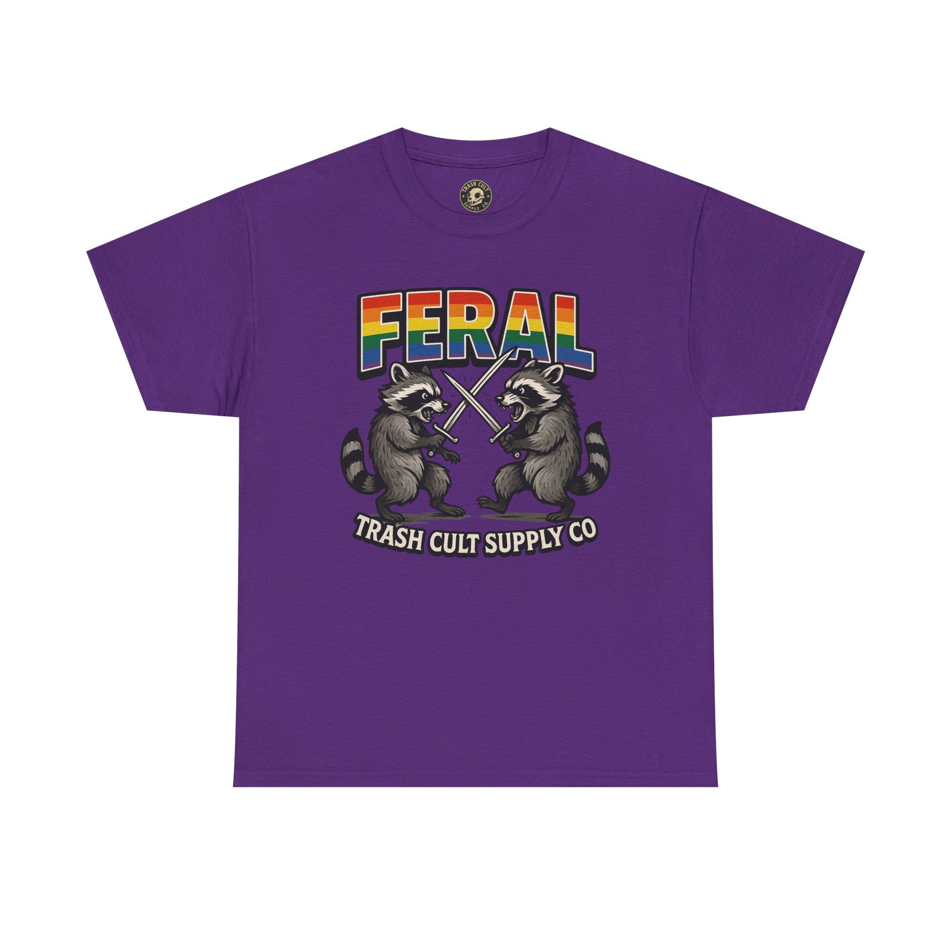 FERAL Rainbow Raccoon Sword Fighting Graphic Tee – Gildan 5000 Heavy Cotton