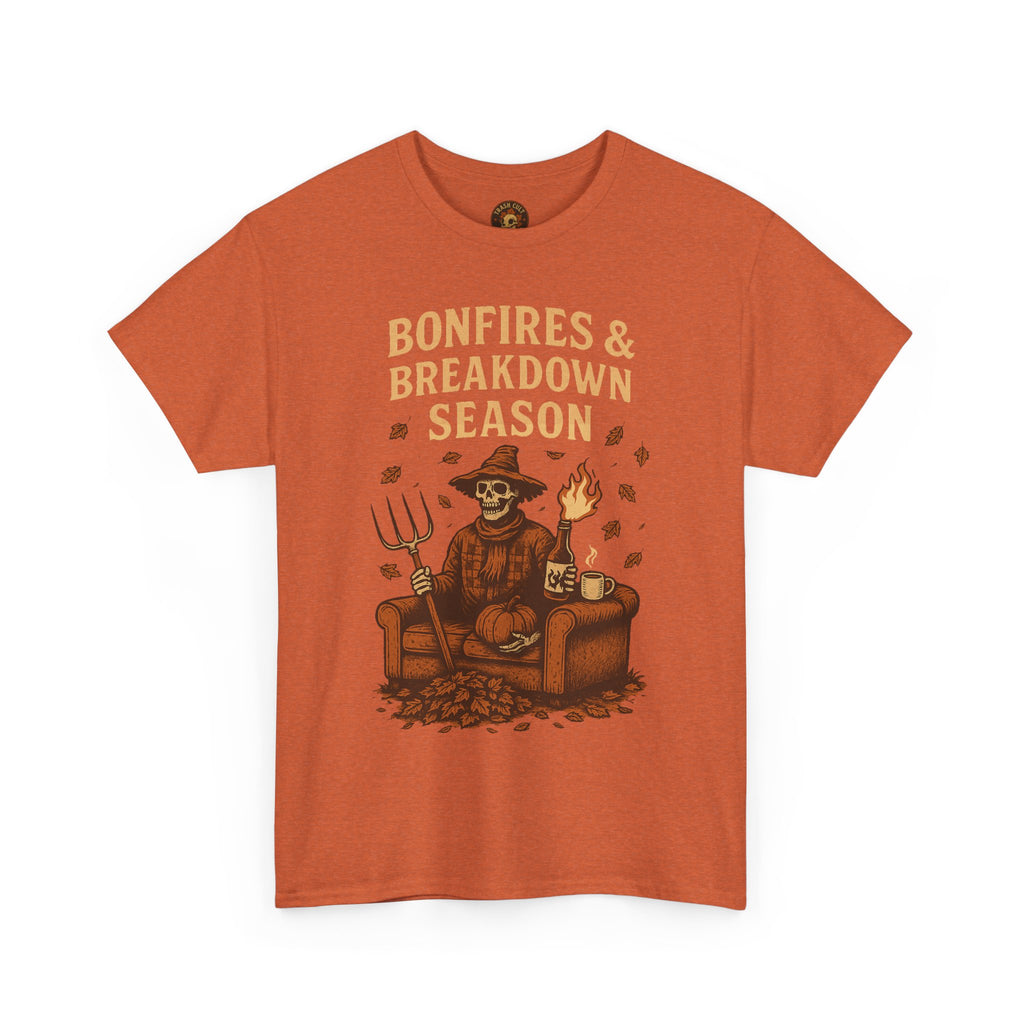 Bonfires & Breakdown Season Shirt – Skeleton Couch Chaos Tee – Fall of Humanity Collection – Trash Cult Supply Co.