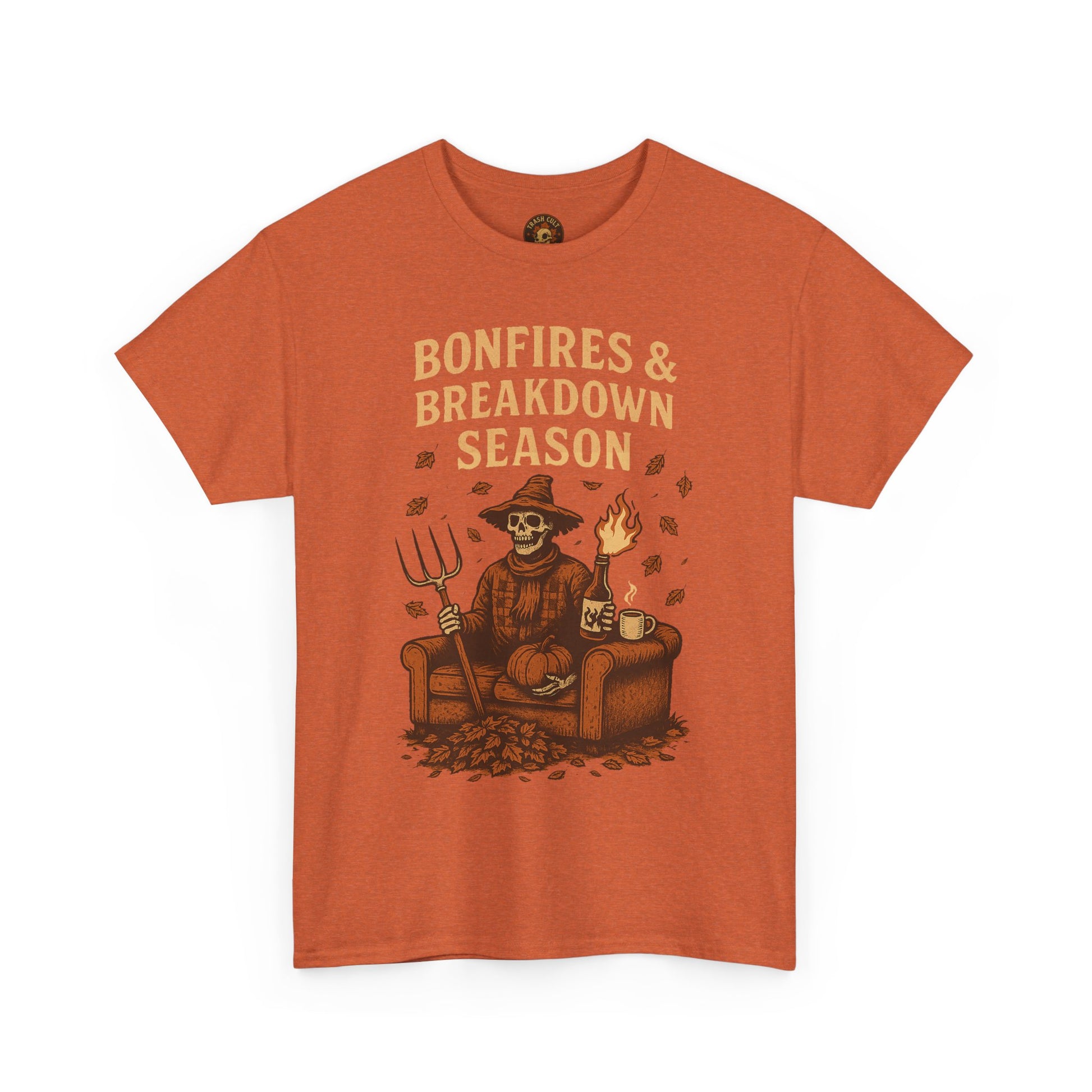 Bonfires & Breakdown Season Shirt – Skeleton Couch Chaos Tee – Fall of Humanity Collection – Trash Cult Supply Co.