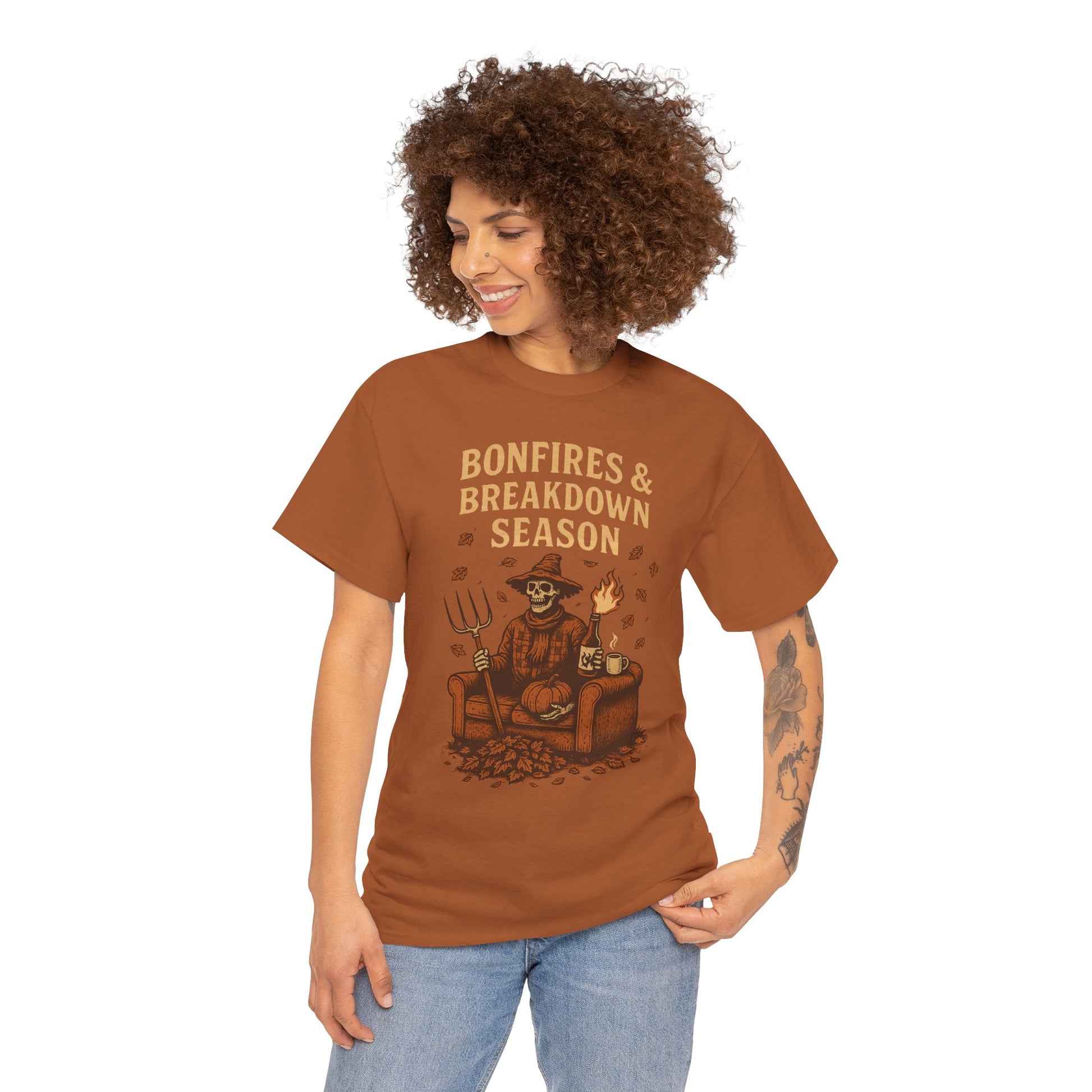 Bonfires & Breakdown Season Shirt – Skeleton Couch Chaos Tee – Fall of Humanity Collection – Trash Cult Supply Co.