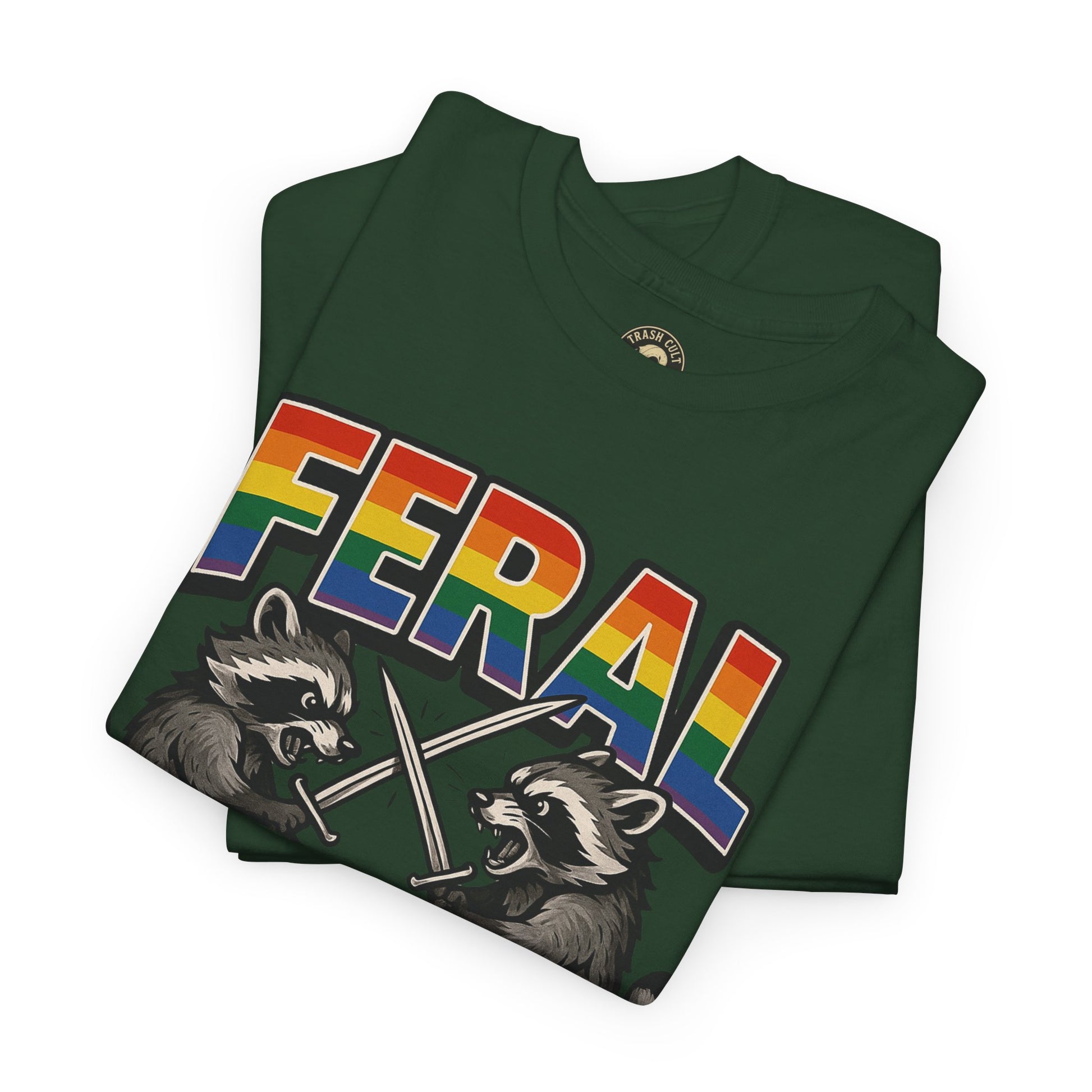 FERAL Rainbow Raccoon Sword Fighting Graphic Tee – Gildan 5000 Heavy Cotton