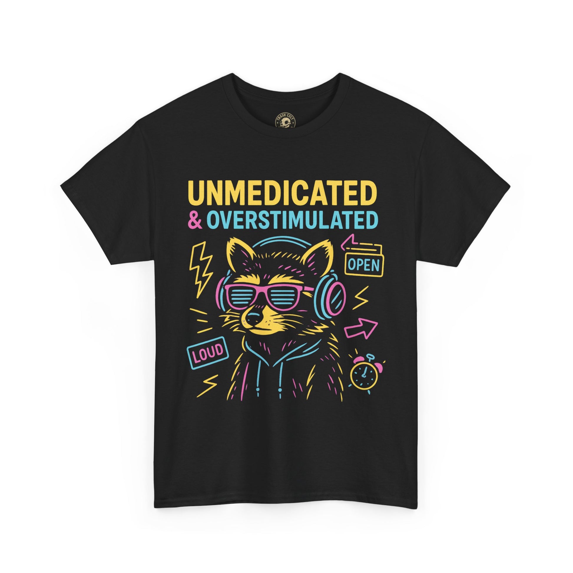 Unmedicated & Overstimulated Neon Raccoon ADHD Shirt – Trash Cult Supply Co. – Gildan 5000