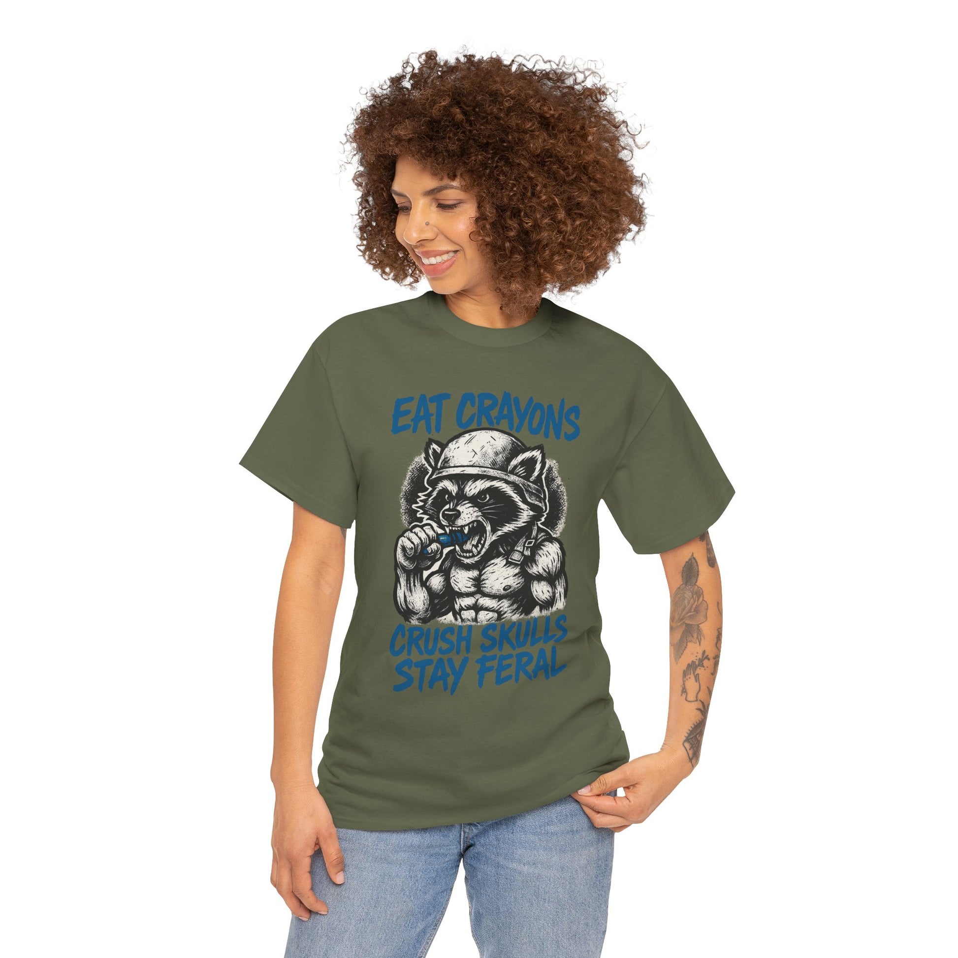 Eat Crayons Crush Skulls Stay Feral Military Raccoon Shirt – Gildan 5000