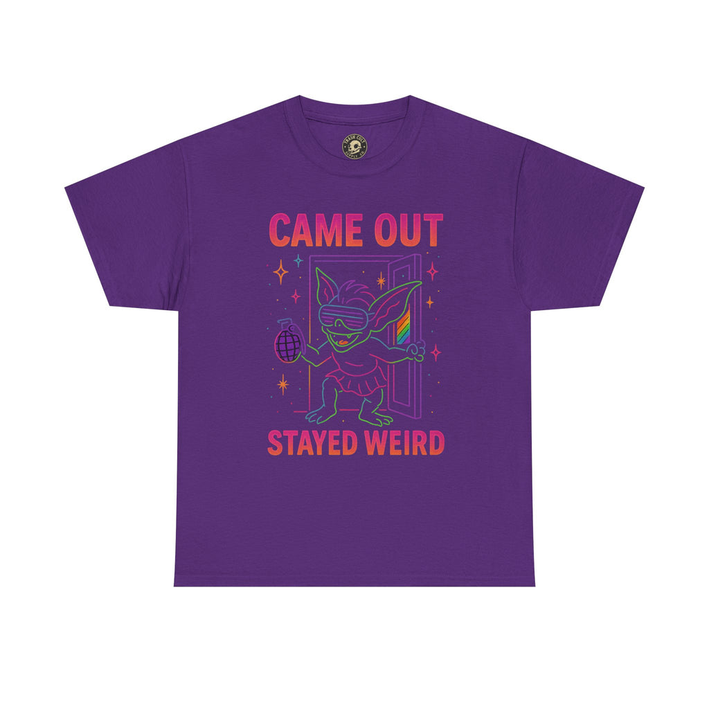 Came Out, Stayed Weird – Neon Gremlin Pride T-Shirt | Gildan Unisex Heavy Cotton Tee | LGBTQ+ Graphic Shirt