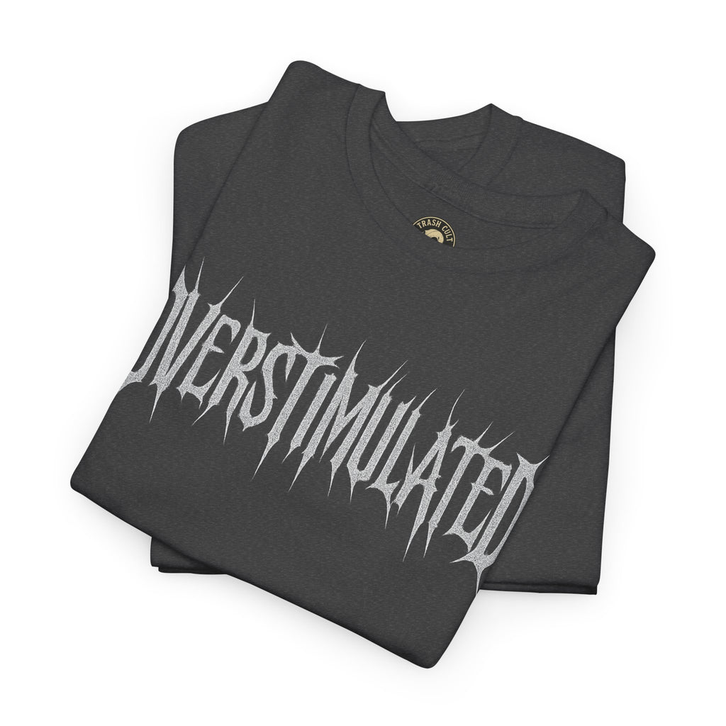 OVERSTIMULATED Metalcore Grunge Shirt – White on Black Distressed Font Tee