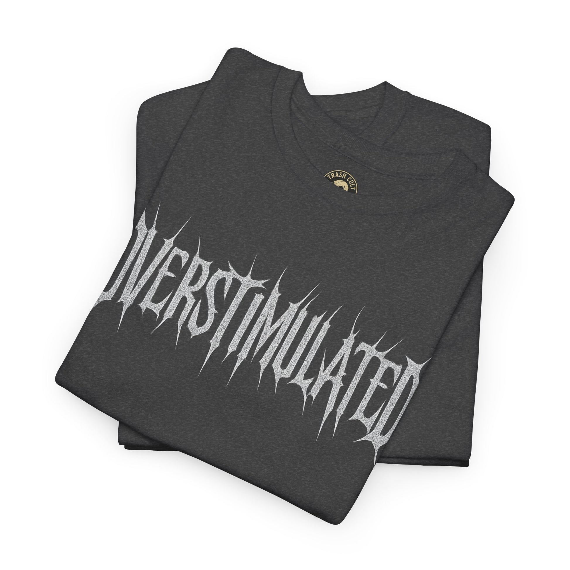 OVERSTIMULATED Metalcore Grunge Shirt – White on Black Distressed Font Tee