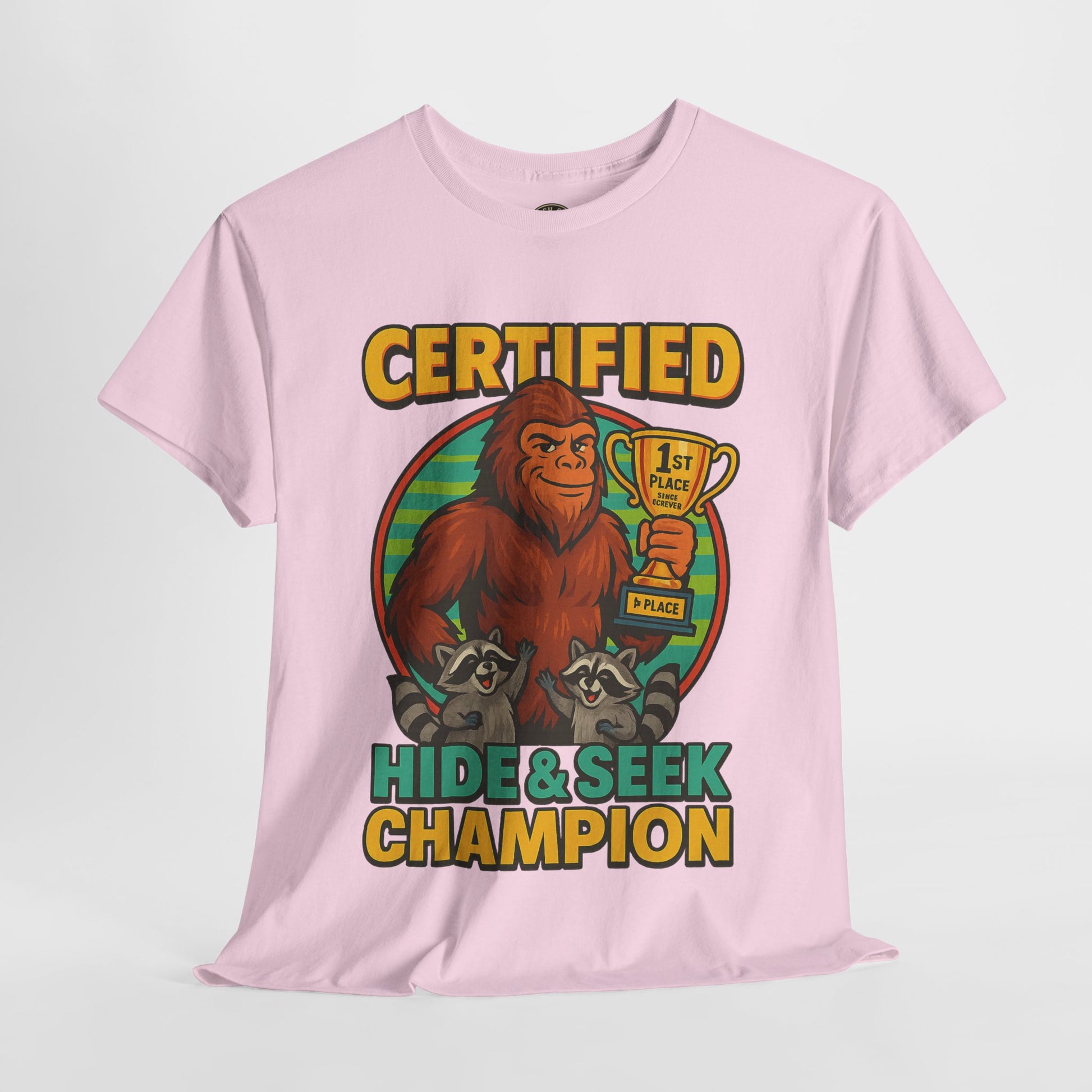 Certified Hide & Seek Champion Bigfoot T-Shirt – Funny Cryptid Shirt – Raccoon Forest Meme Tee – Gildan 5000