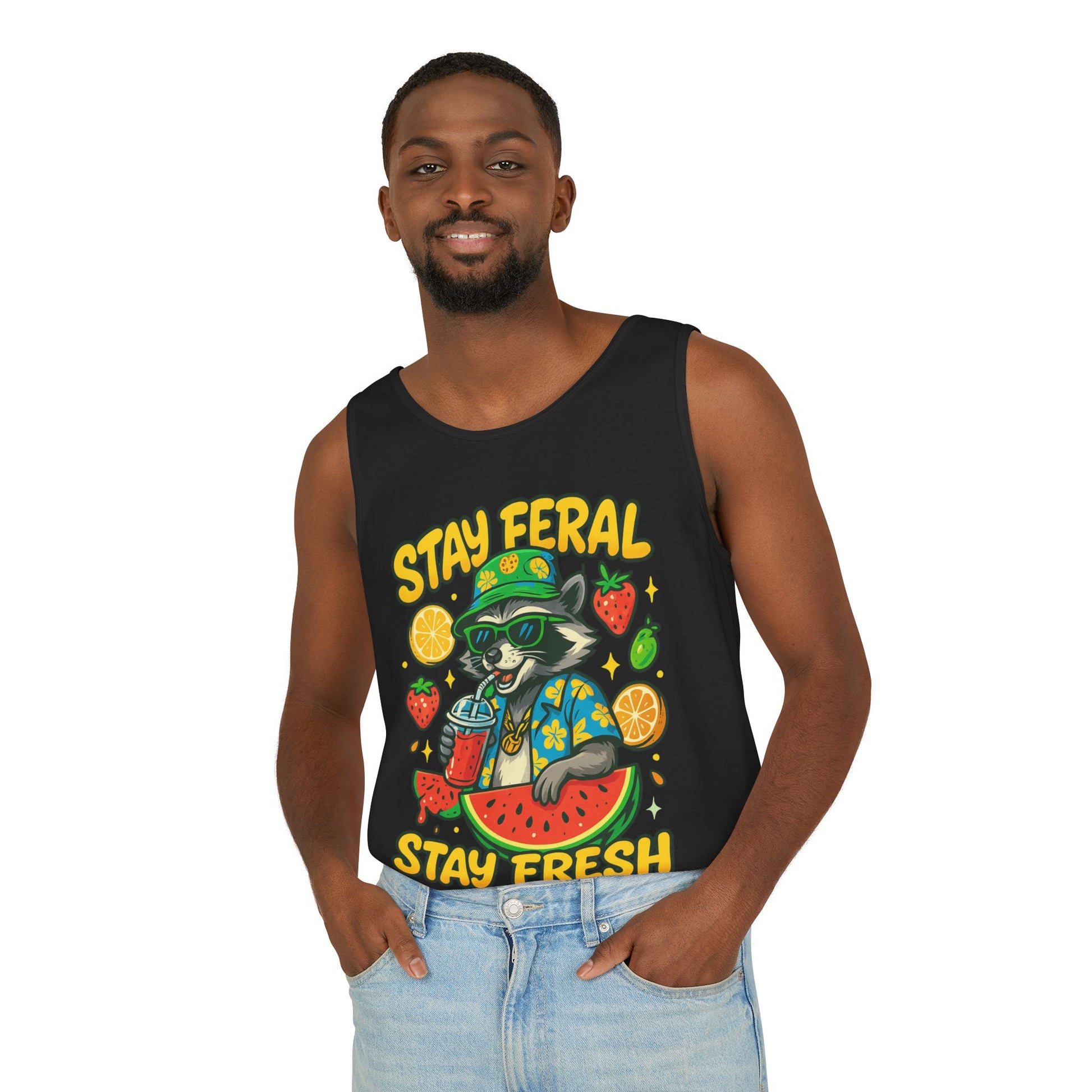 Stay Feral Stay Fresh Tank Top, Summer Apparel, Unisex Graphic Tee, Beachwear, Fun Gift for Animal Lovers