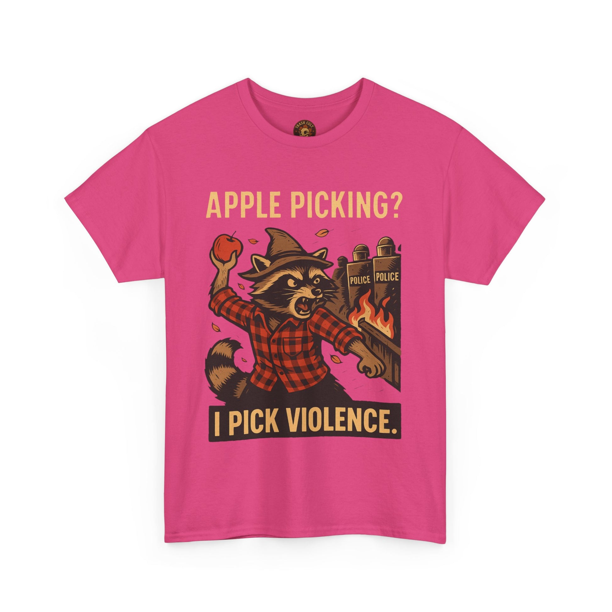 Apple Picking? I Pick Violence Shirt – Angry Raccoon Riot Tee – Fall of Humanity Collection – Trash Cult Supply Co.