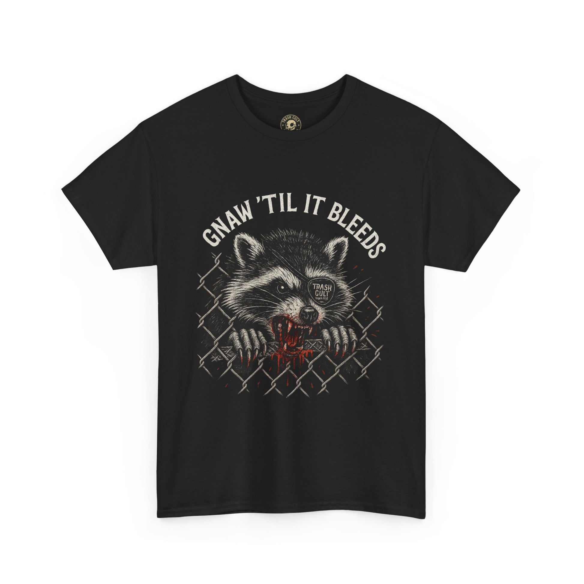Gnaw ’Til It Bleeds Raccoon Tee – Feral Trash Cult Shirt, Metalcore Punk Animal Graphic, Gildan 5000 Unisex Black T-Shirt
