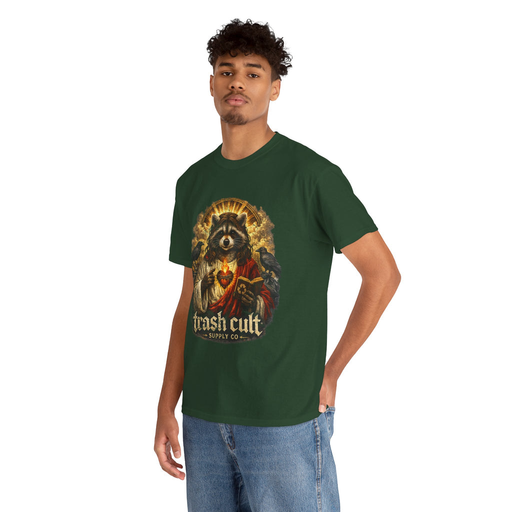 Raccoon Saint Graphic Tee — “Trash Cult” Vintage Devotional Design