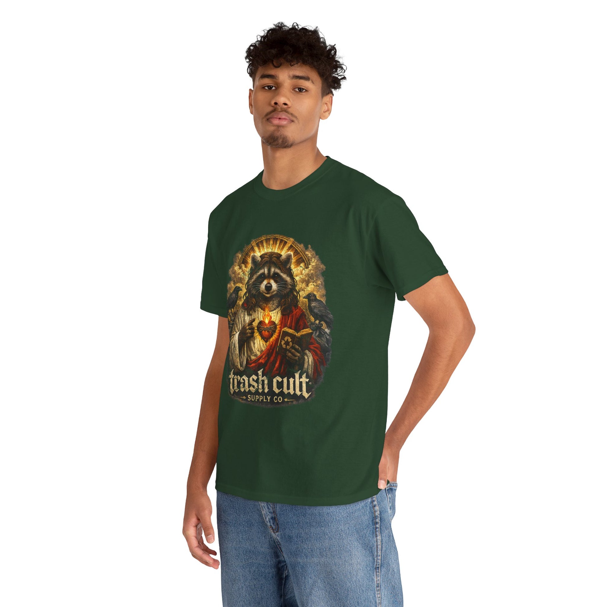 Raccoon Saint Graphic Tee — “Trash Cult” Vintage Devotional Design