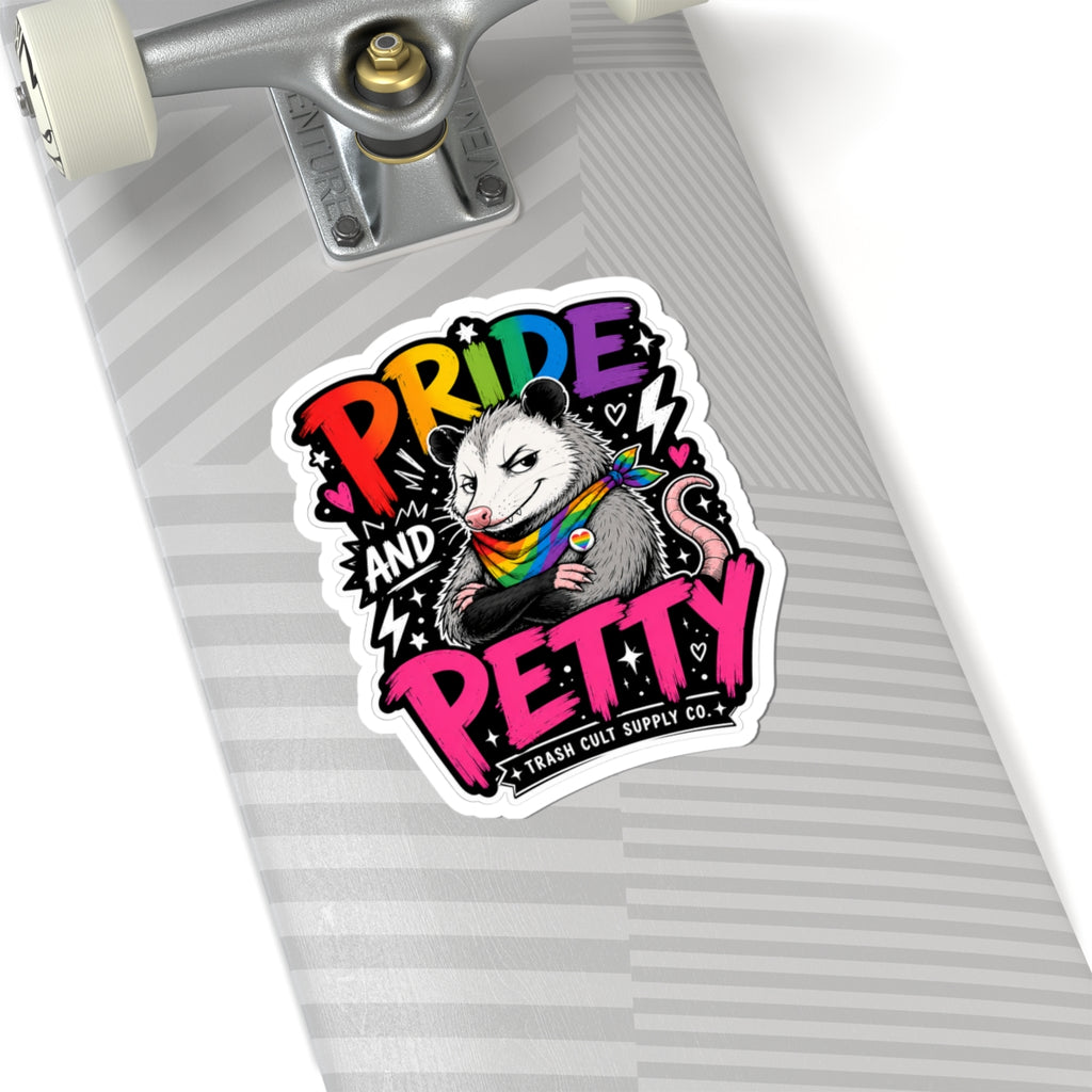 Pride and Petty Kiss-Cut Sticker — Rainbow Opossum LGBTQ+ Decorative Decal