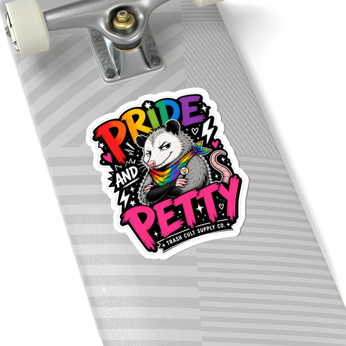 Pride and Petty Kiss-Cut Sticker — Rainbow Opossum LGBTQ+ Decorative Decal