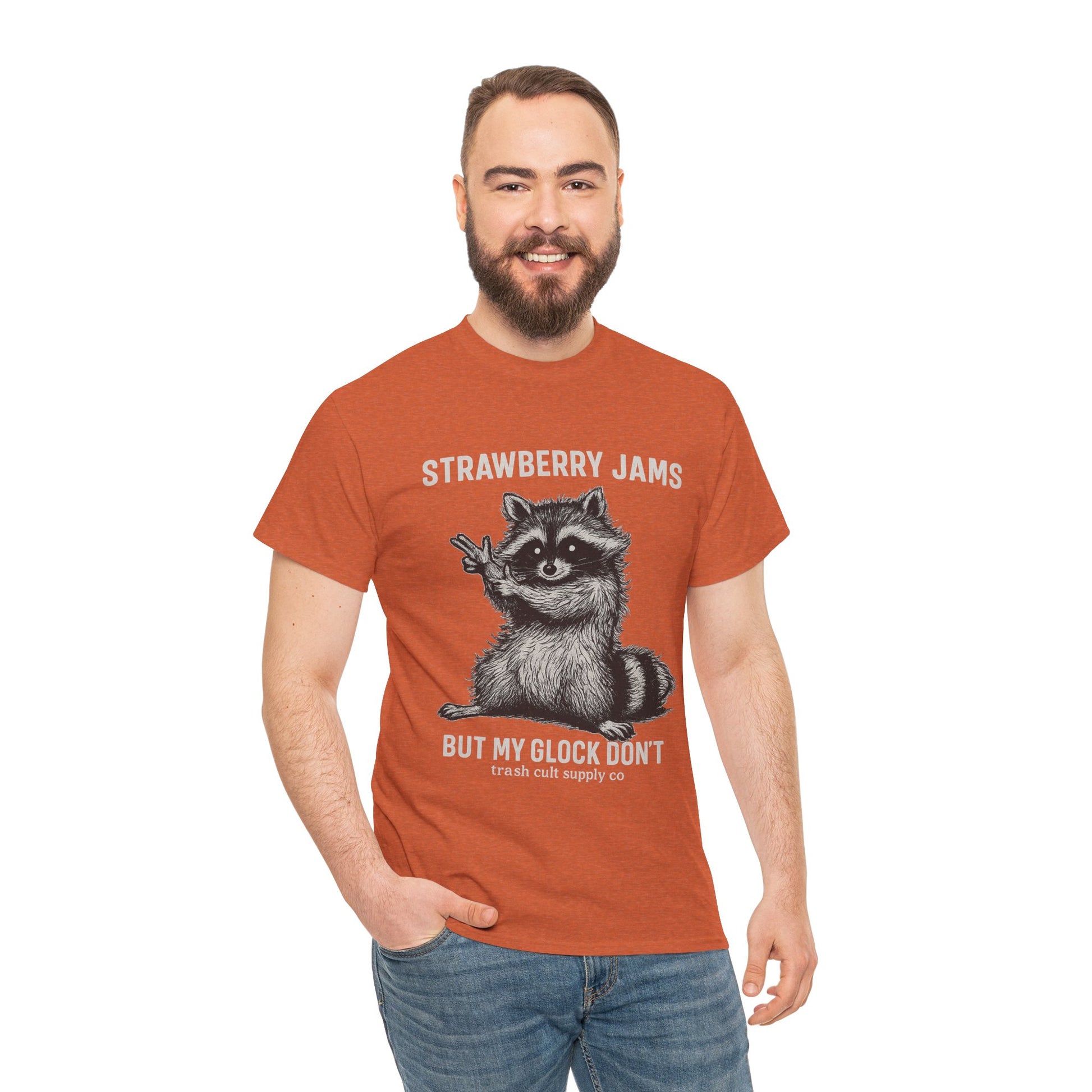 Strawberry Jams But My Glock Don’t Raccoon Shirt – Trash Cult Supply Co. Gildan 5000 Tee