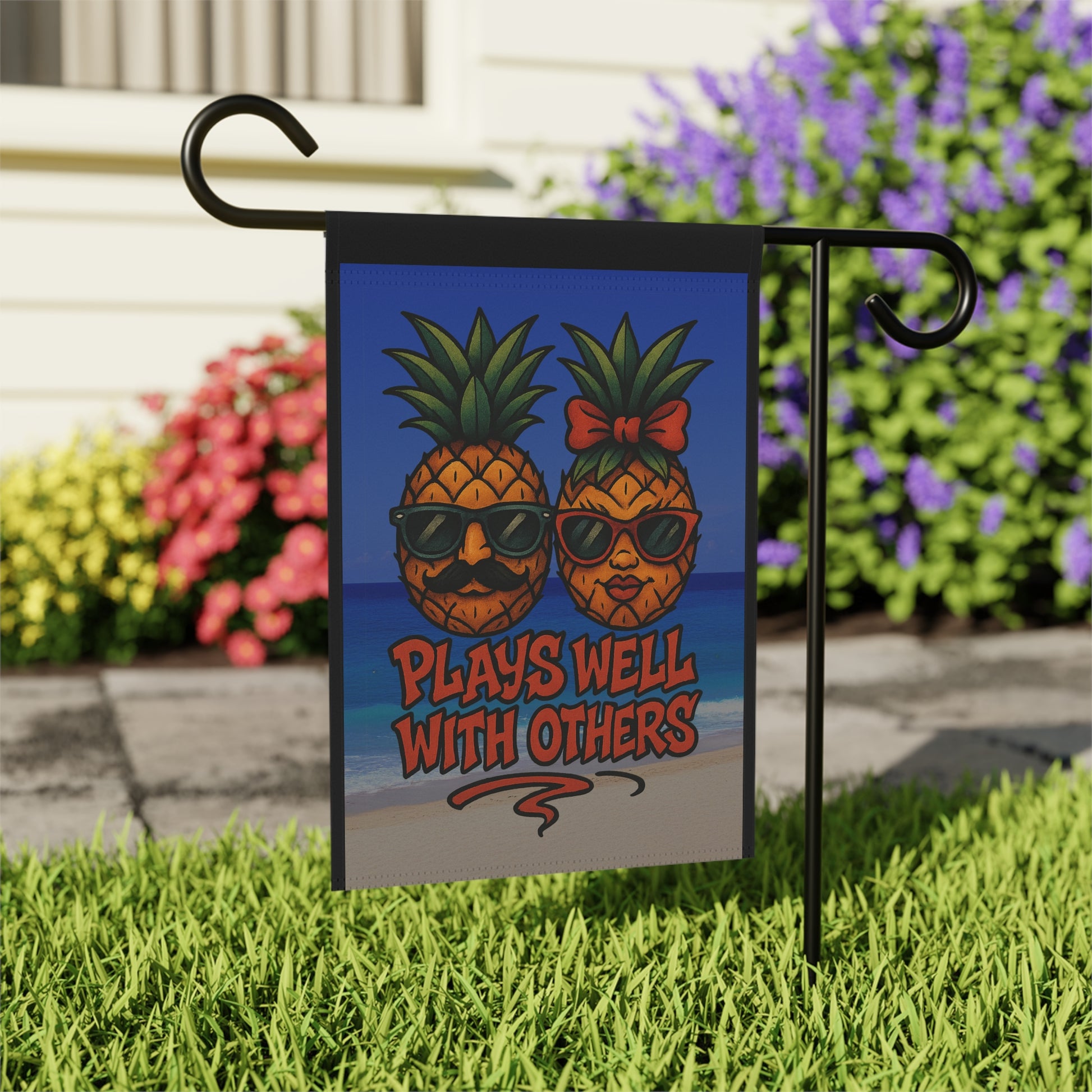 Funny Upside Down Pineapple Garden Flag – “Plays Well With Others” Tropical Banner – New School Tattoo Style