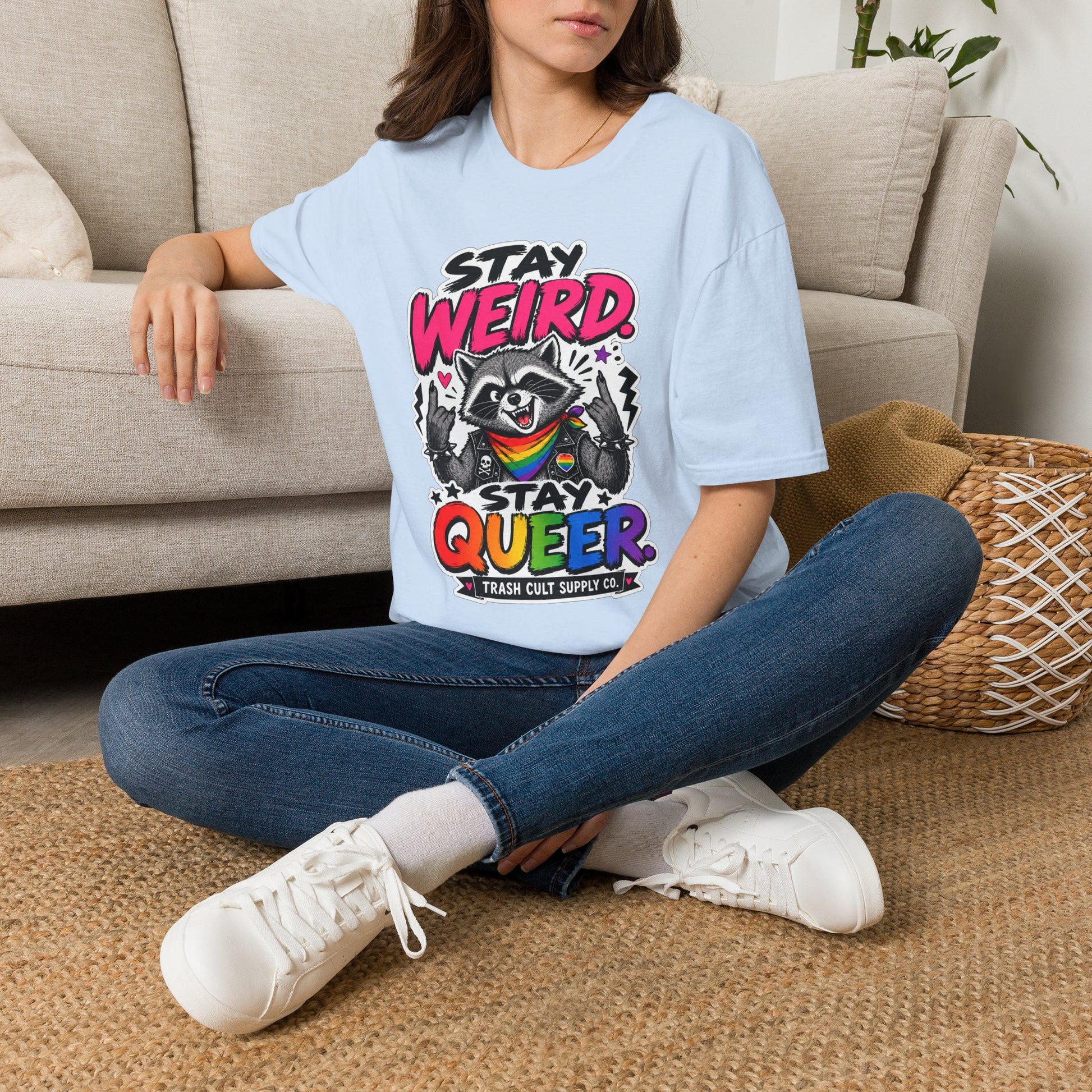 T-Shirt — "Stay Weird" Pride Raccoon Tee (Stay Queer)