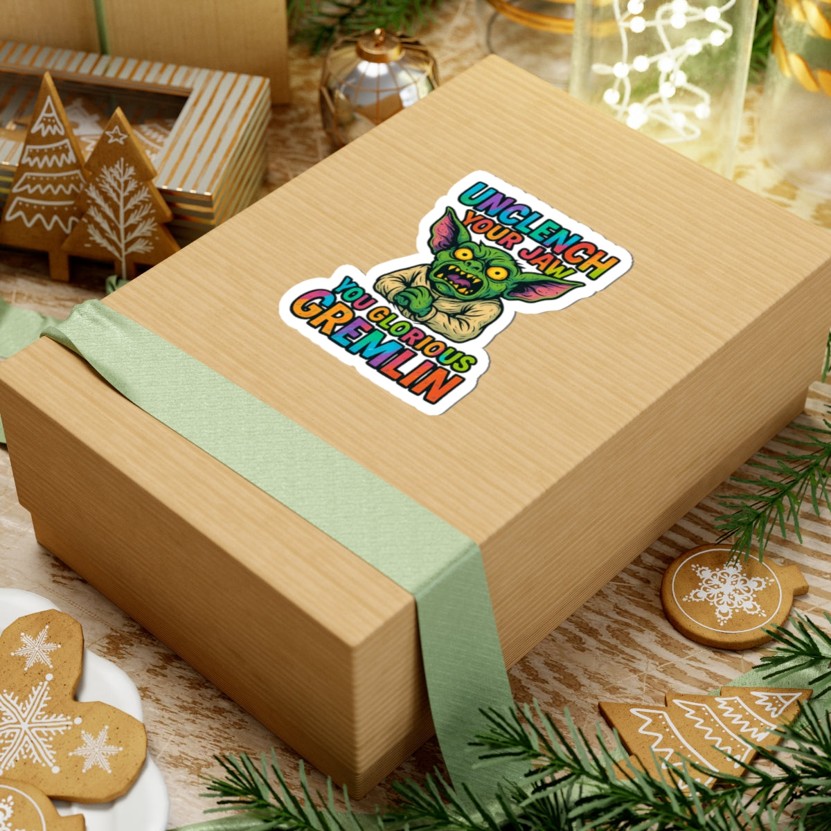 Unclench Your Jaw Gremlin Sticker – Funny Mental Health Reminder for the Chronically Feral