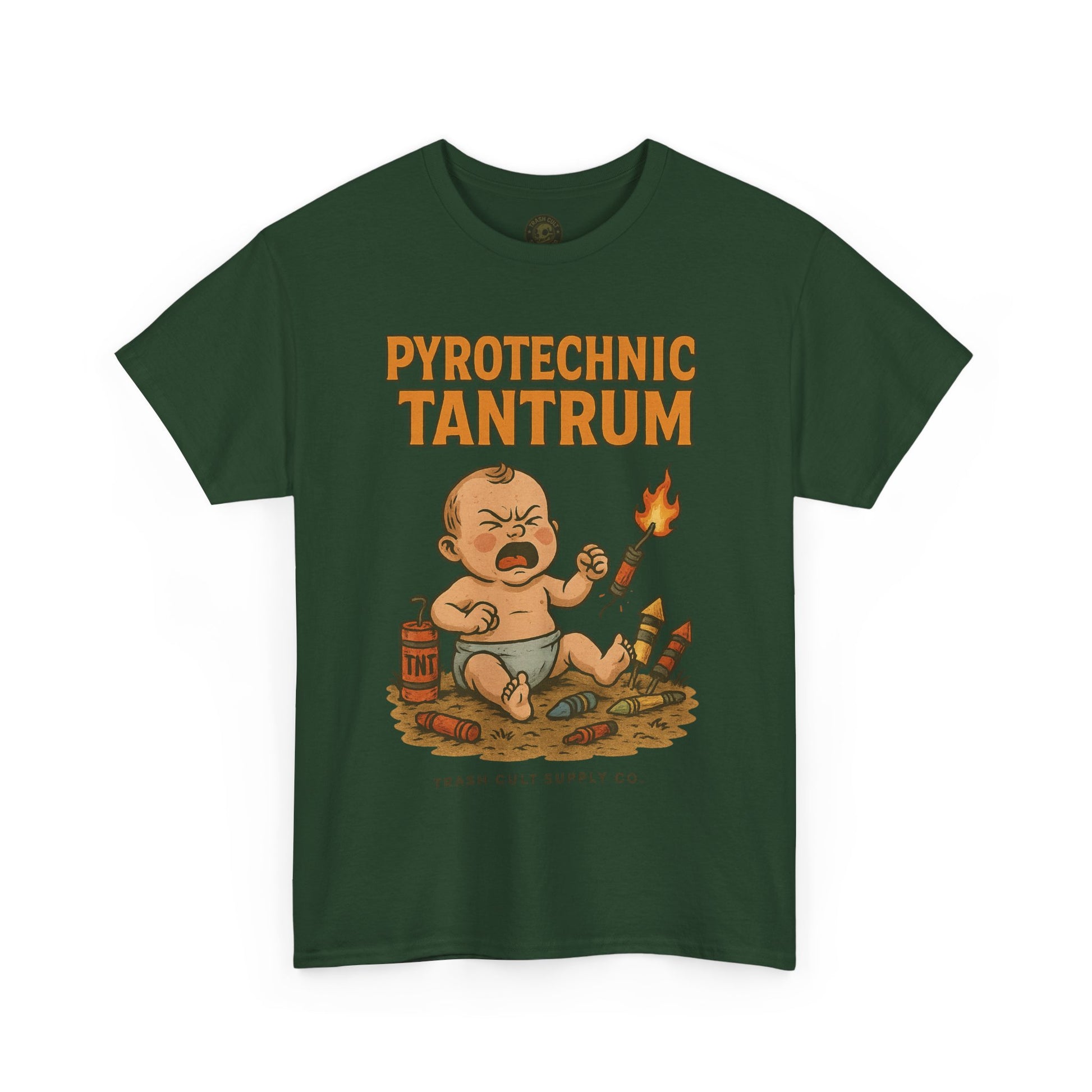 Pyrotechnic Tantrum T-Shirt – Explosive Baby Humor Graphic | Trash Cult Supply Co. | Gildan 5000 Tee