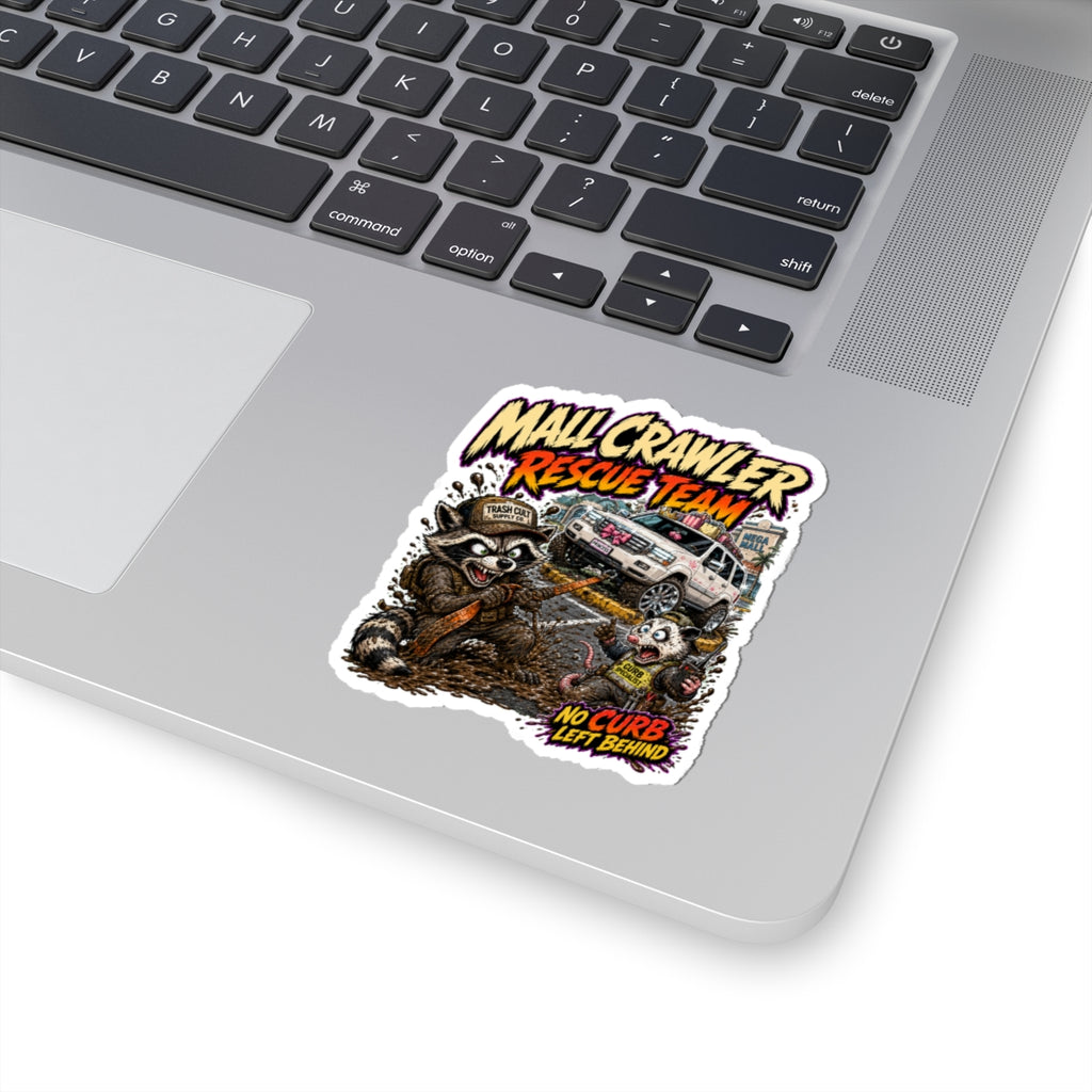 Mall Crawler Rescue Team Kiss-Cut Sticker – "No Curb Left Behind" Off‑Road Raccoon Design