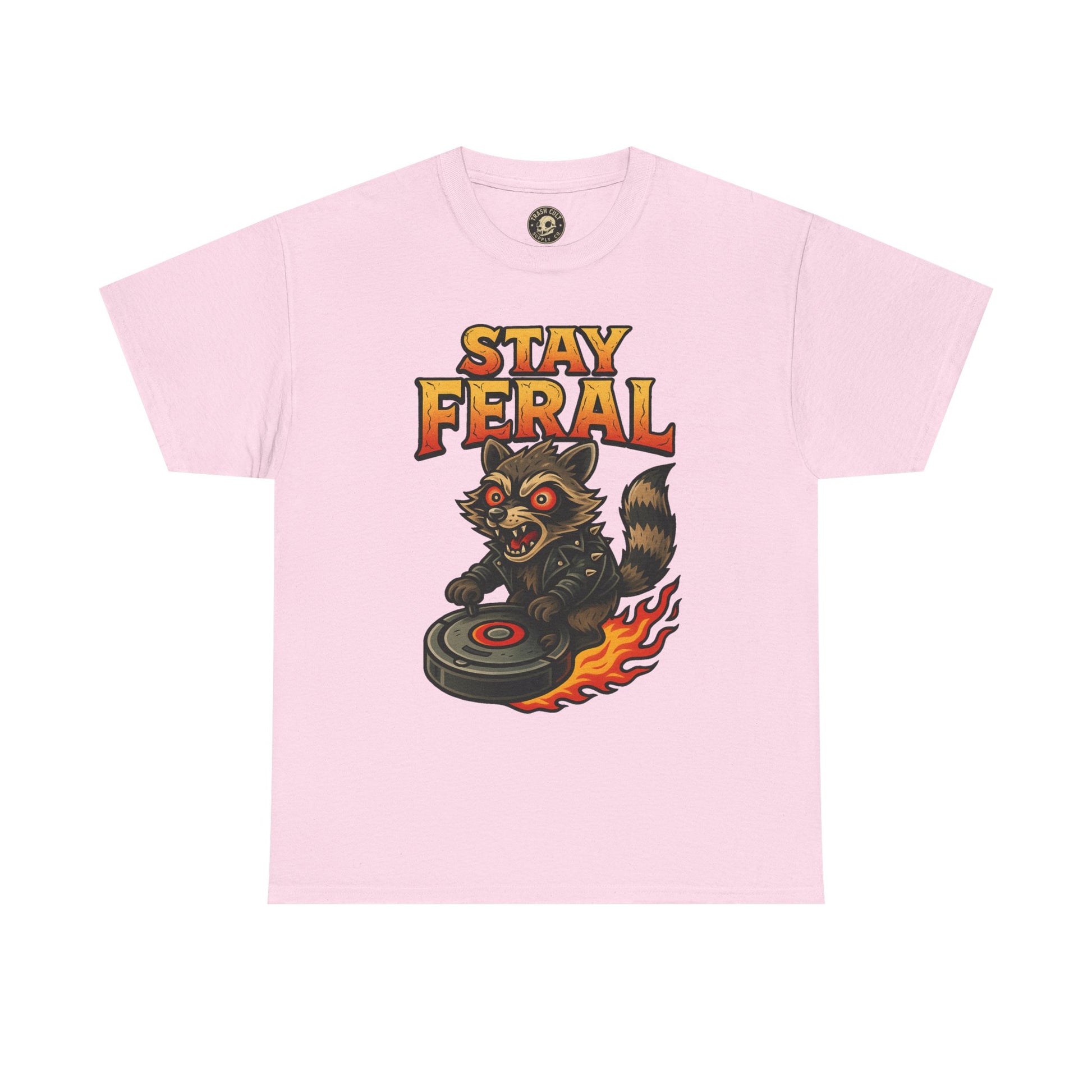 Stay Feral Roomba Raccoon T-Shirt – Bold New School Tattoo Style | Trash Cult Supply Co
