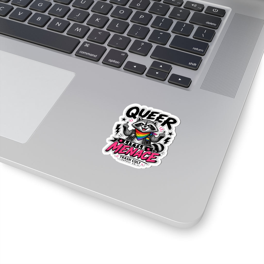 Queer Little Menace Sticker — Rainbow Raccoon Kiss-Cut Decal for Laptops & Pride