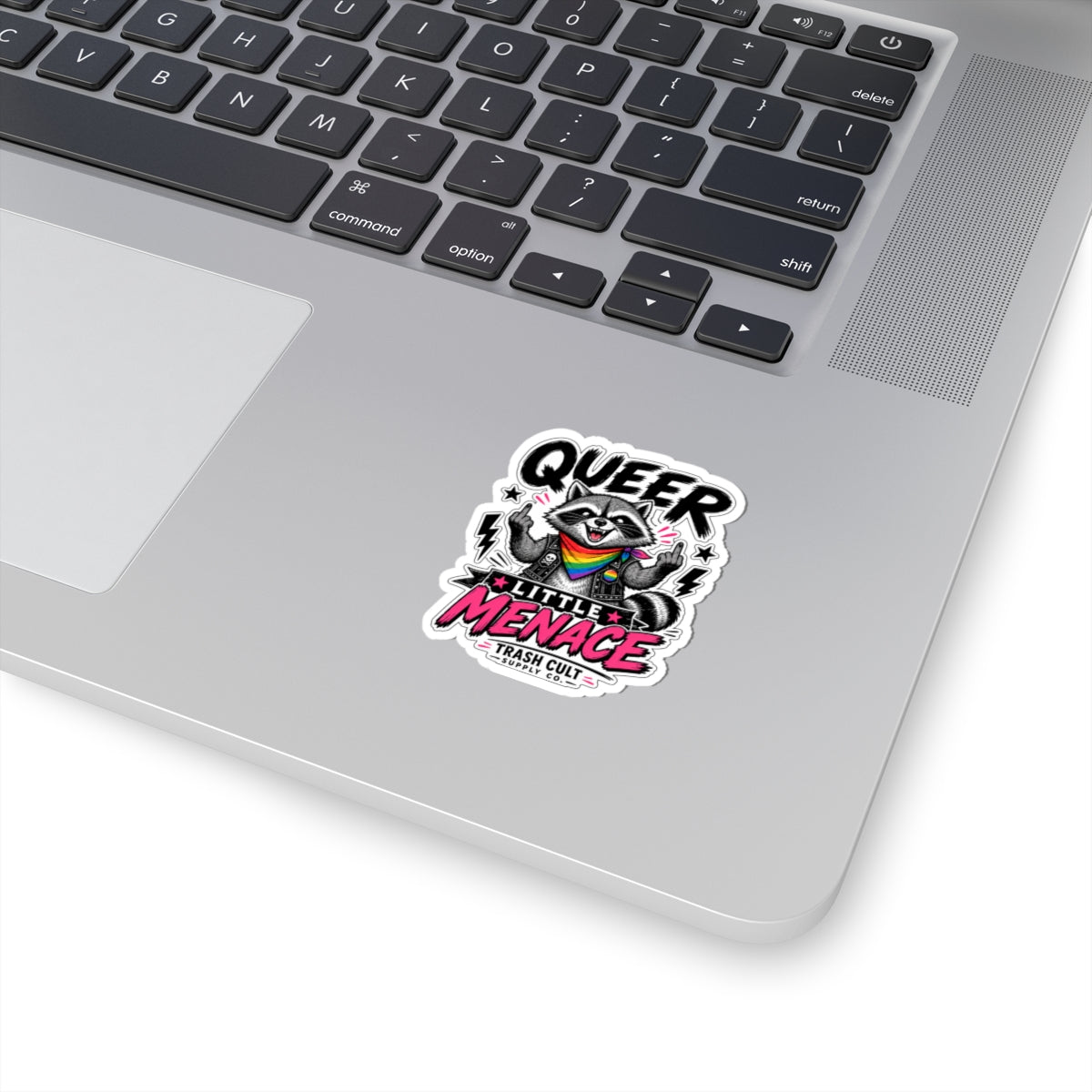 Queer Little Menace Sticker — Rainbow Raccoon Kiss-Cut Decal for Laptops & Pride