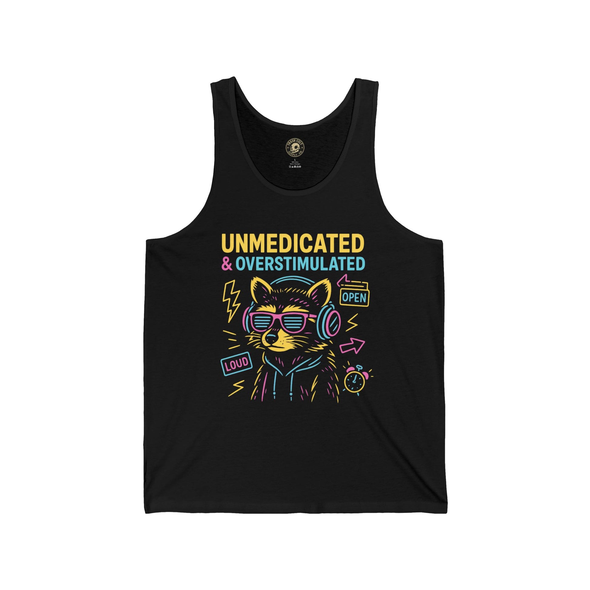 Unmedicated & Overstimulated Tank Top, Fun Cat Graphic Tee, Unisex Jersey Tank for Chill Days, Music Lovers Gift, Quirky Summer Wear