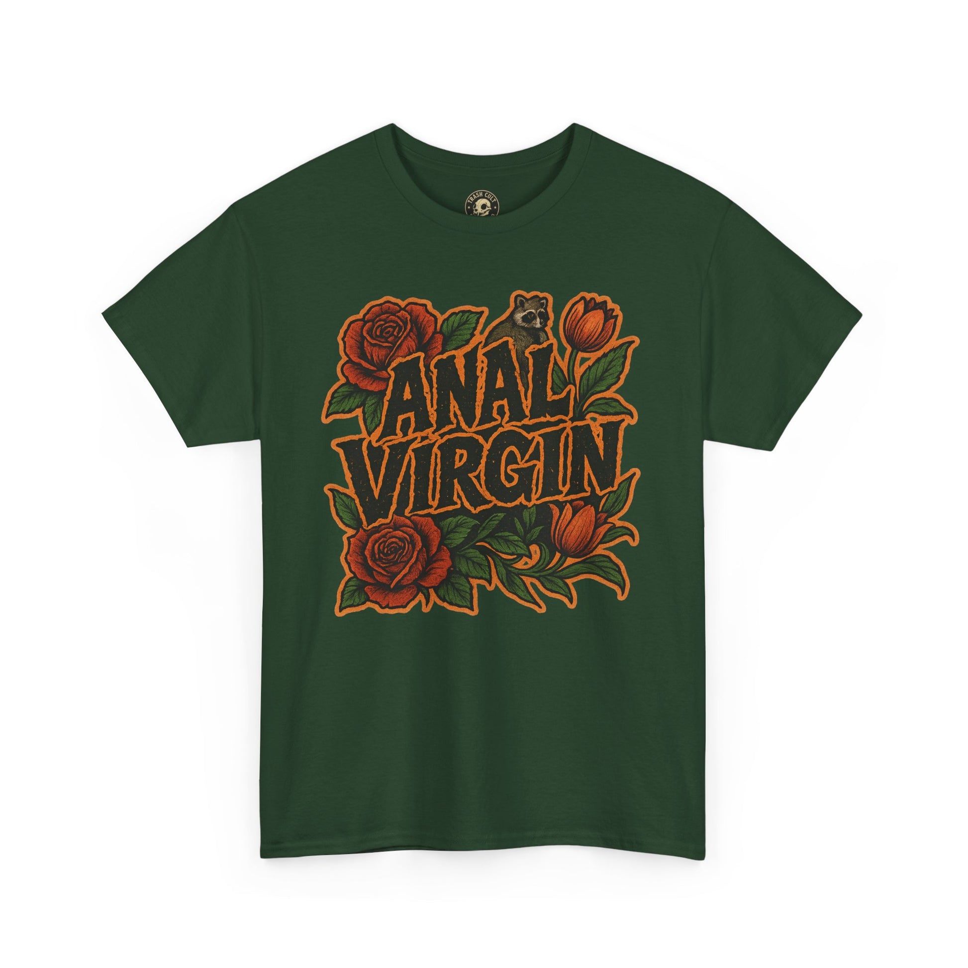 Anal Virgin Bold Floral Trashcore Tee – Funny Raccoon Shirt – Gildan 5000