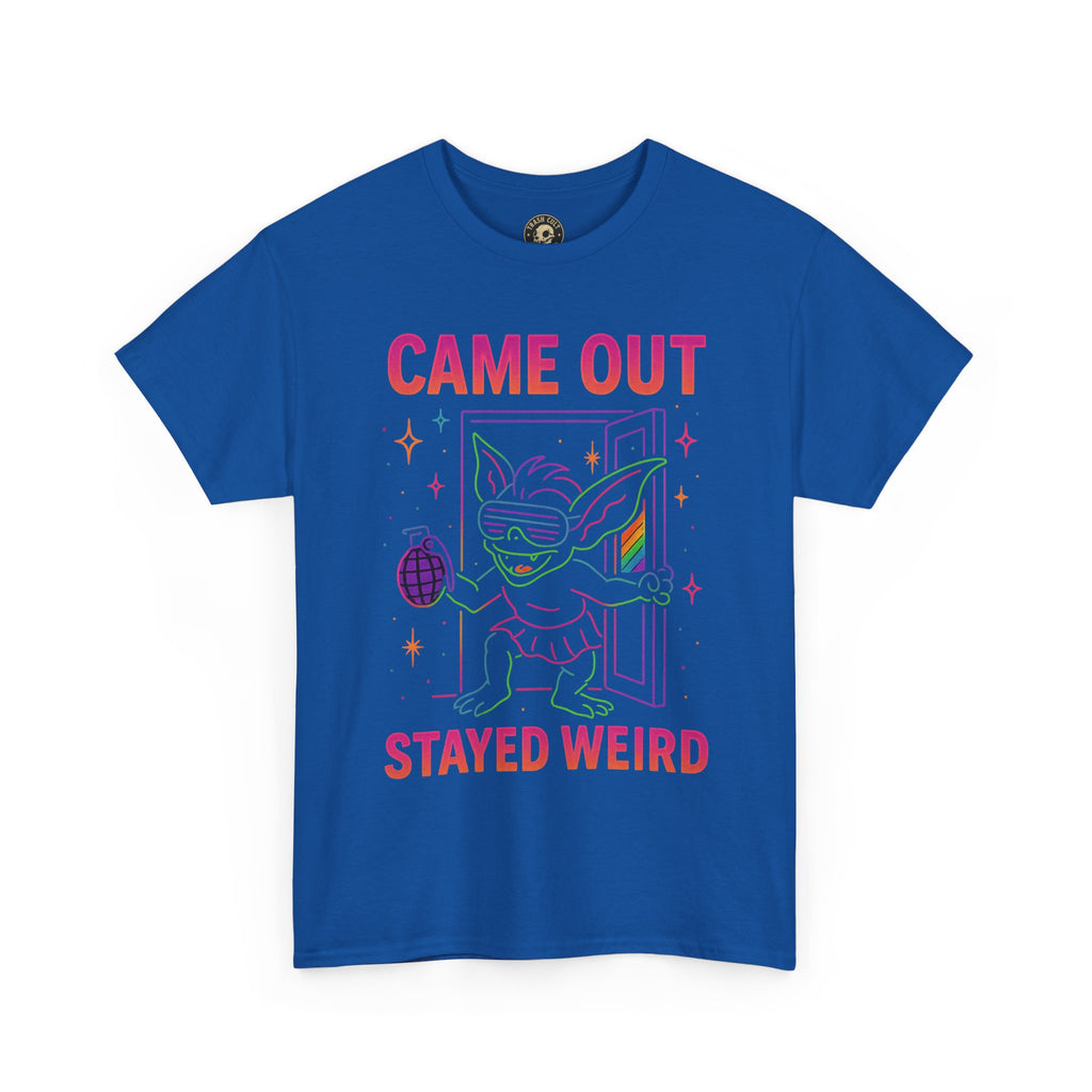 Came Out, Stayed Weird – Neon Gremlin Pride T-Shirt | Gildan Unisex Heavy Cotton Tee | LGBTQ+ Graphic Shirt