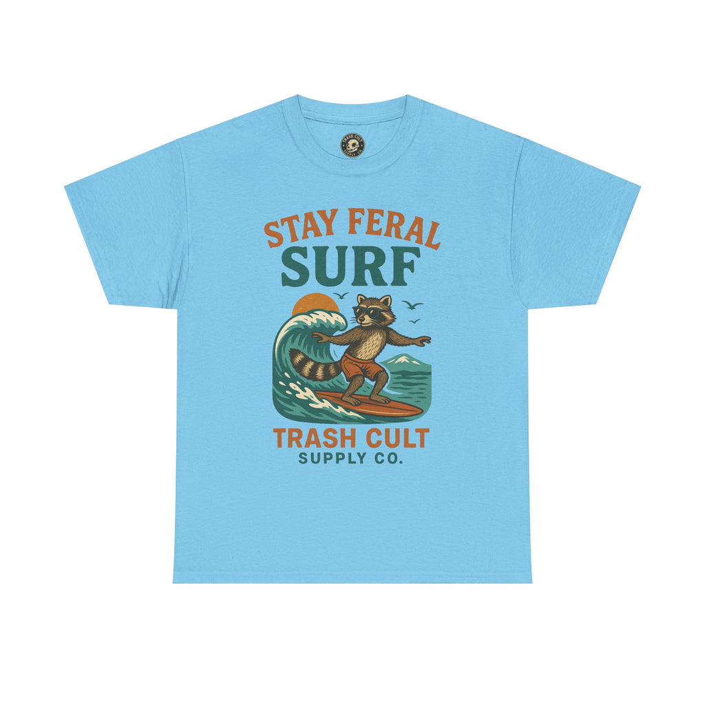Stay Feral Surf Shirt – Retro Raccoon Beach Tee – Trash Cult Supply Co – Gildan 5000