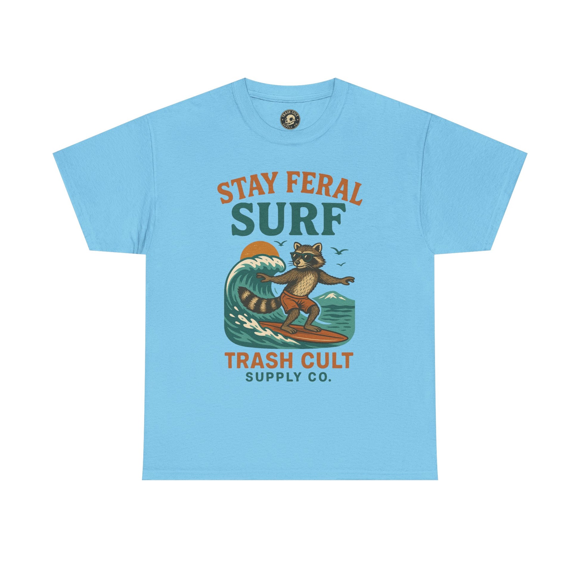 Stay Feral Surf Shirt – Retro Raccoon Beach Tee – Trash Cult Supply Co – Gildan 5000
