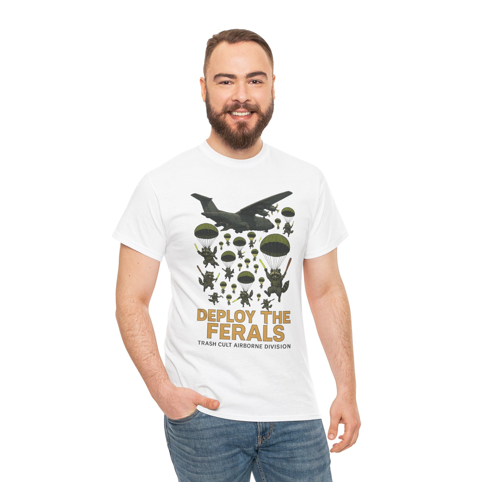 Deploy the Ferals T-Shirt – Airborne Raccoon Drop Graphic | Trash Cult Supply Co. | Gildan 5000 Heavy Cotton Tee
