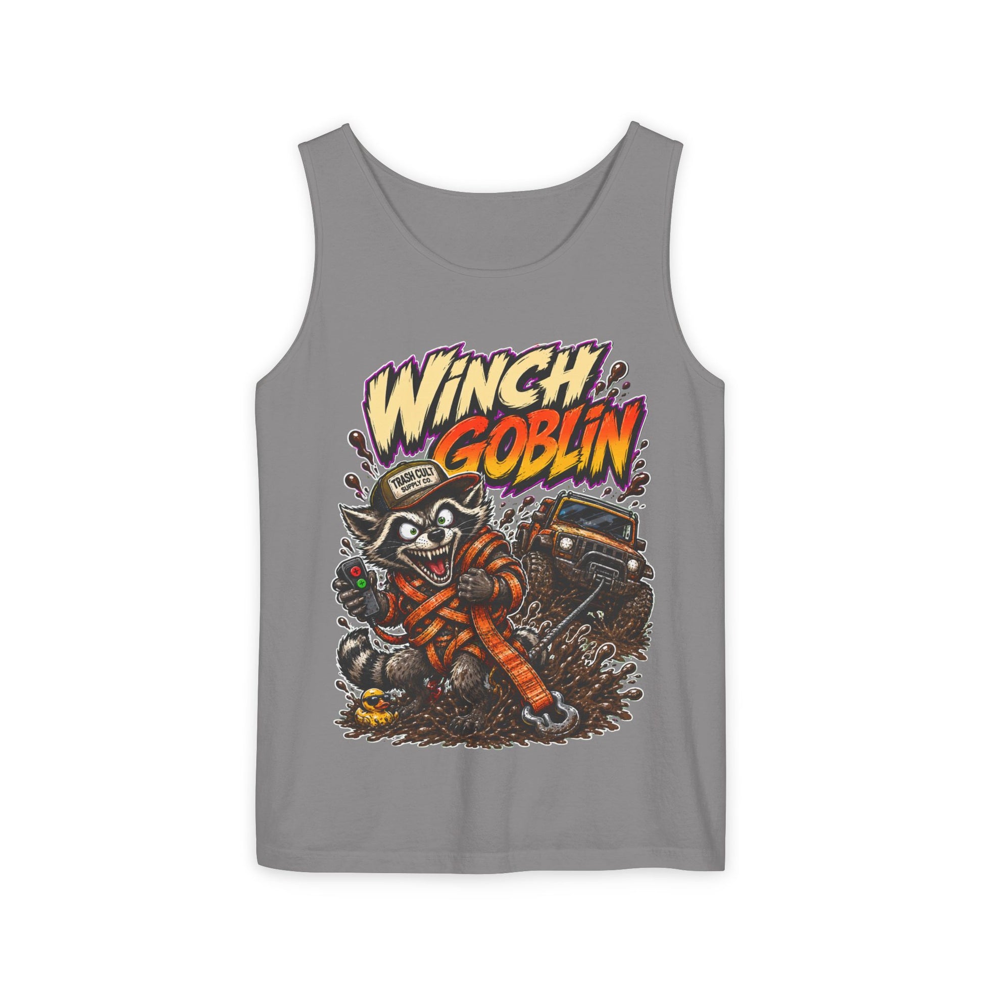 Winch Goblin Graphic Tank Top — Retro Cartoon Mechanic Design