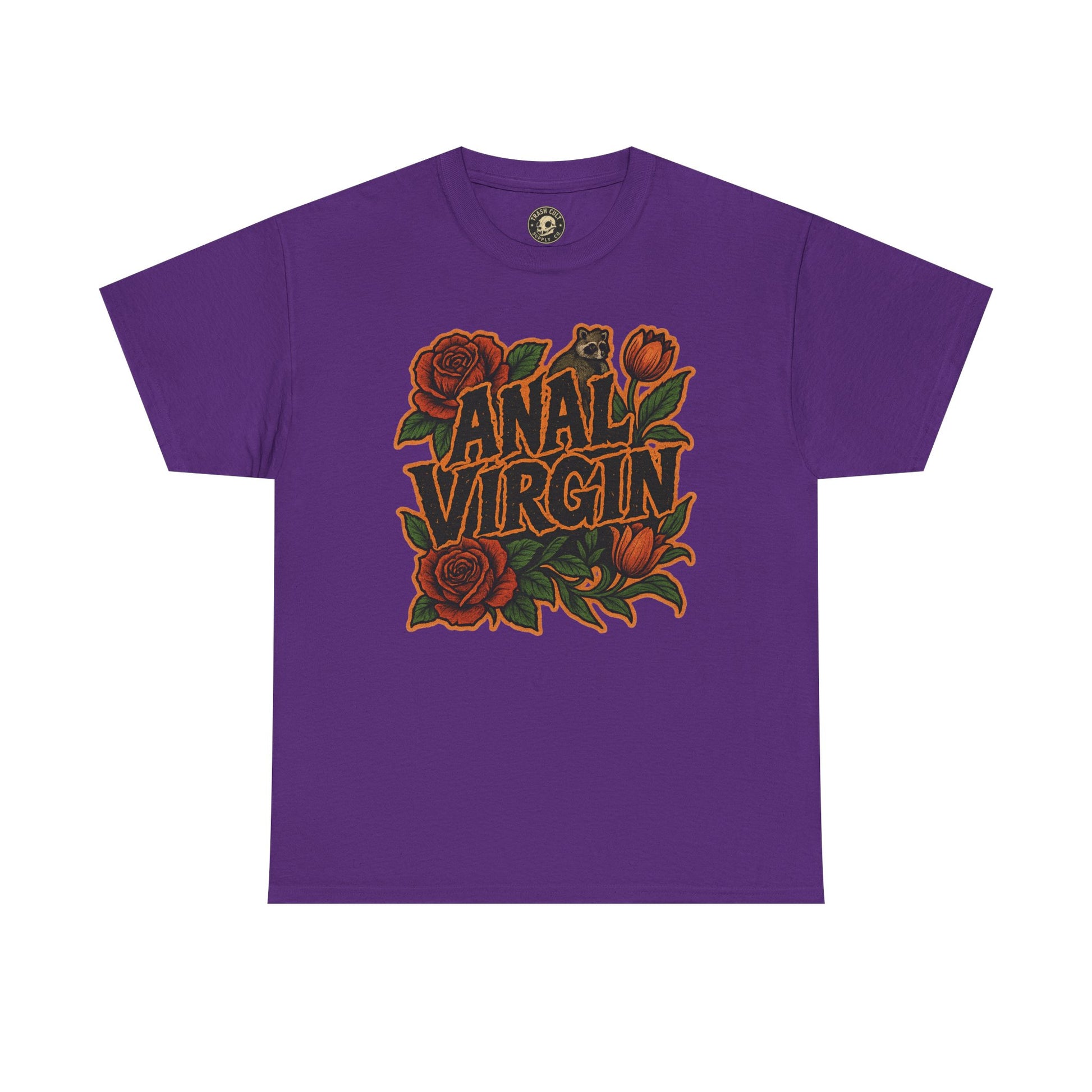 Anal Virgin Bold Floral Trashcore Tee – Funny Raccoon Shirt – Gildan 5000