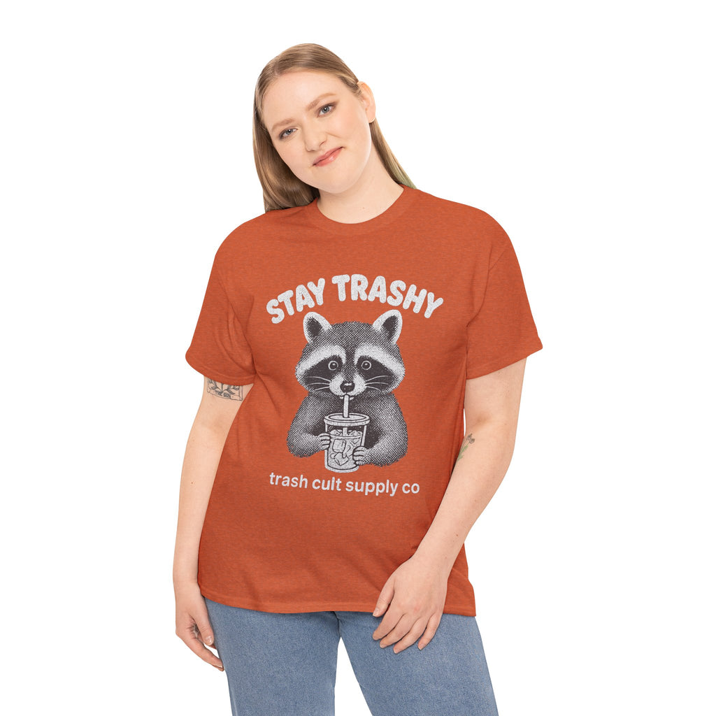 Stay Trashy Raccoon Iced Coffee Shirt – Halftone All White Design | Trash Cult Supply Co.