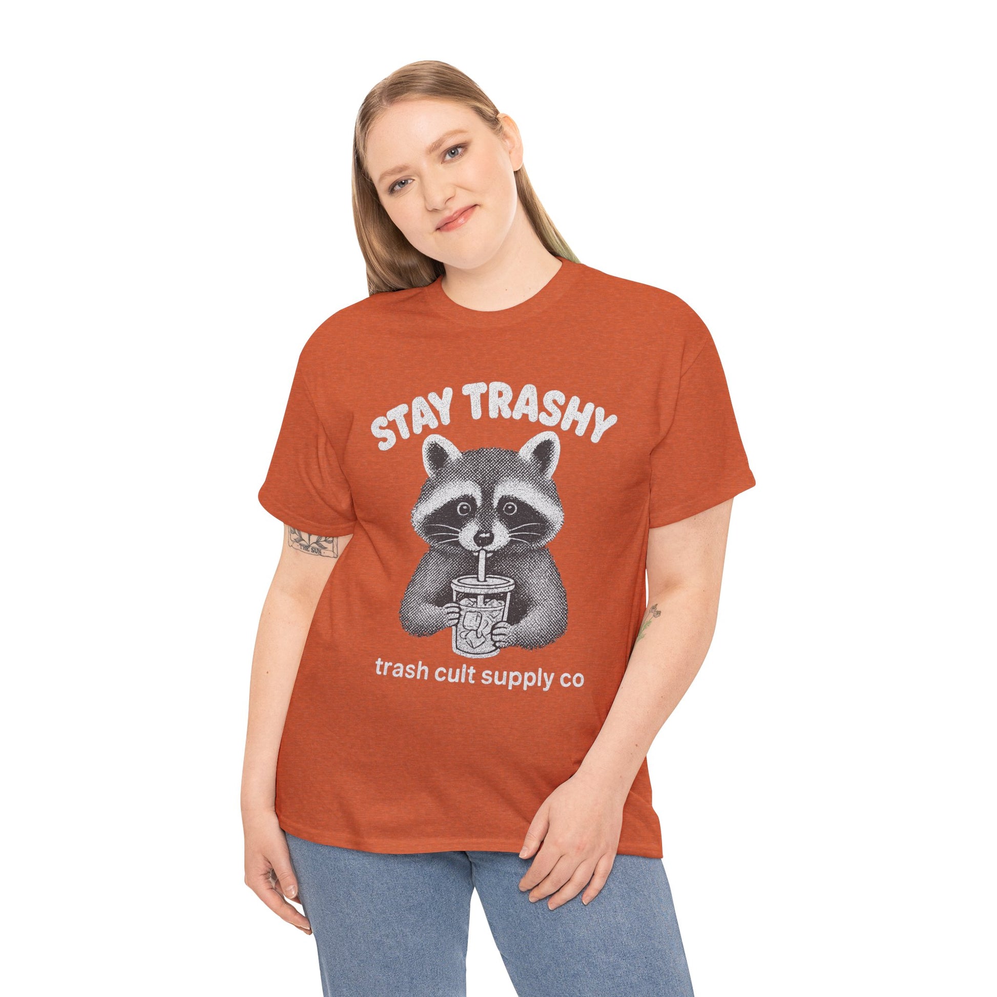 Stay Trashy Raccoon Iced Coffee Shirt – Halftone All White Design | Trash Cult Supply Co.