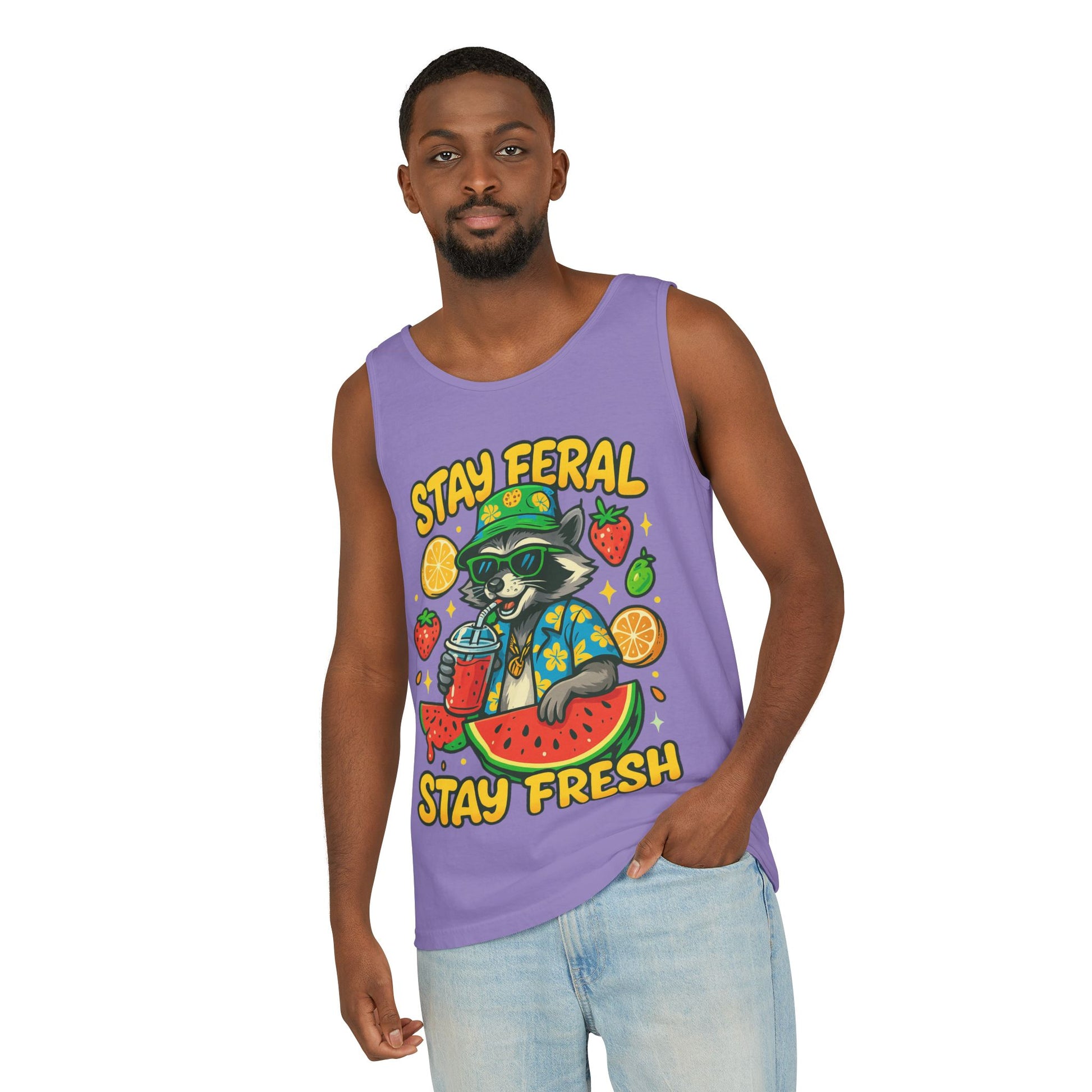 Stay Feral Stay Fresh Tank Top, Summer Apparel, Unisex Graphic Tee, Beachwear, Fun Gift for Animal Lovers
