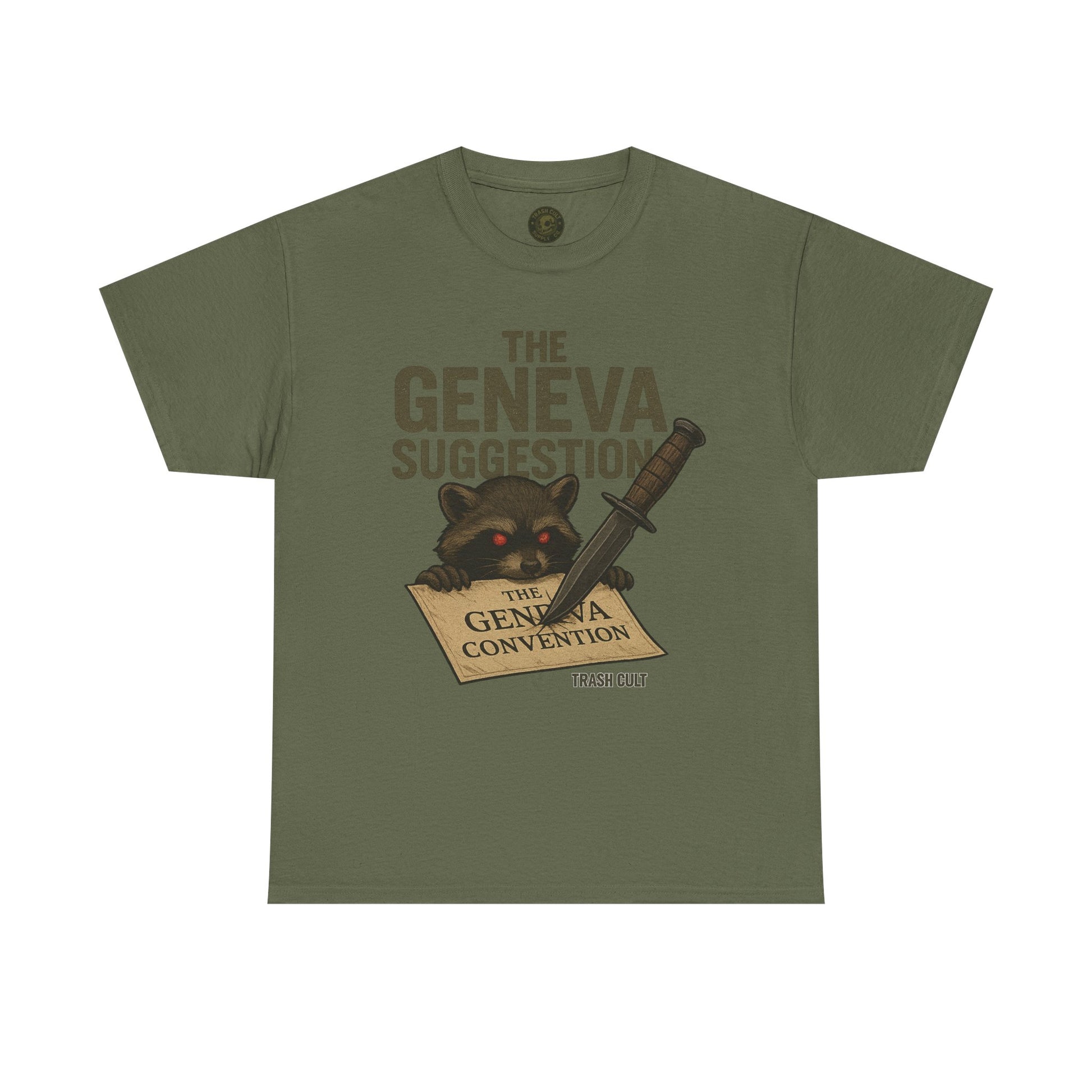 The Geneva Suggestion T-Shirt – Tactical Raccoon Dark Humor Tee | Trash Cult Supply Co. | Gildan 5000