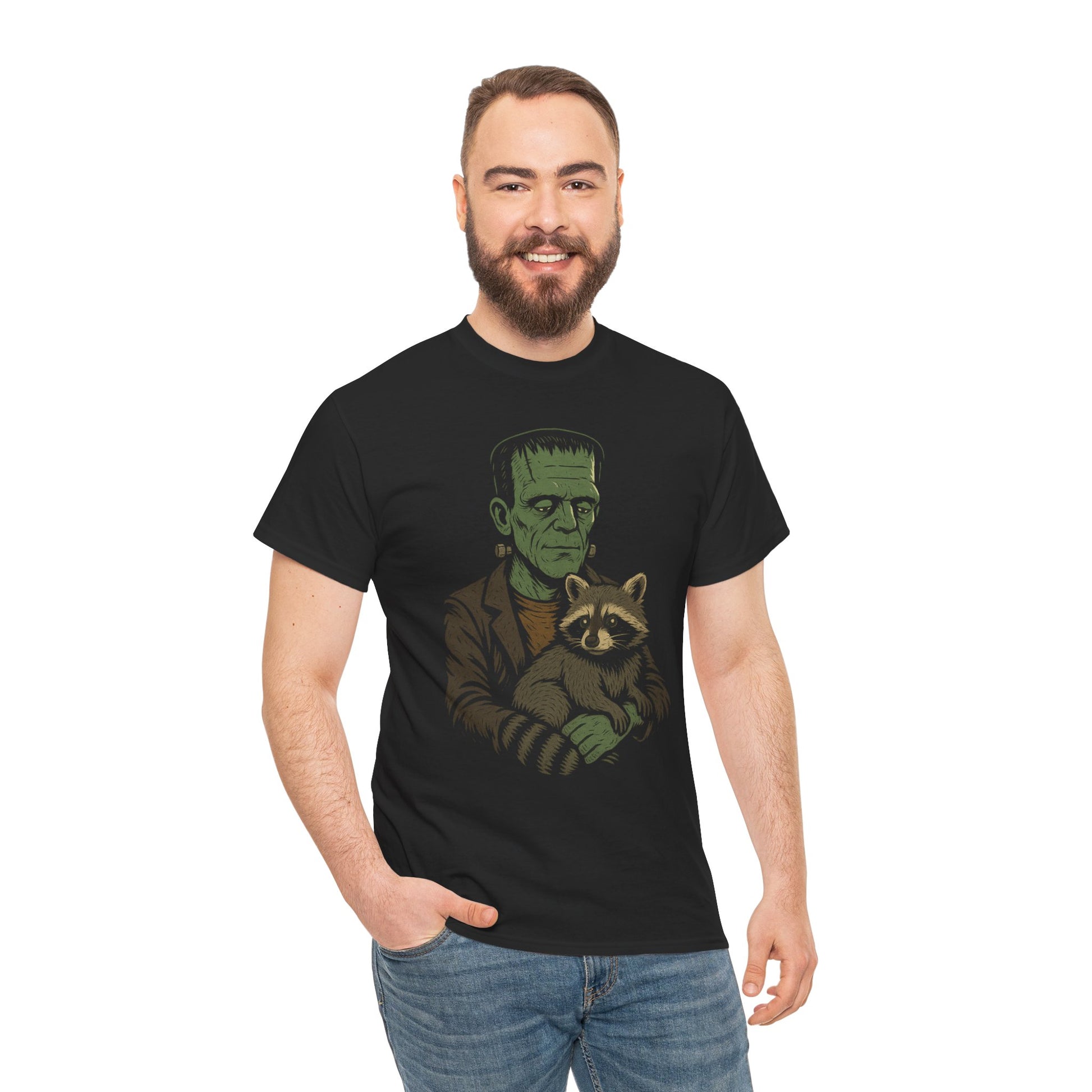 Frankenstein with Pet Raccoon T-Shirt – Funny Monster Graphic Tee