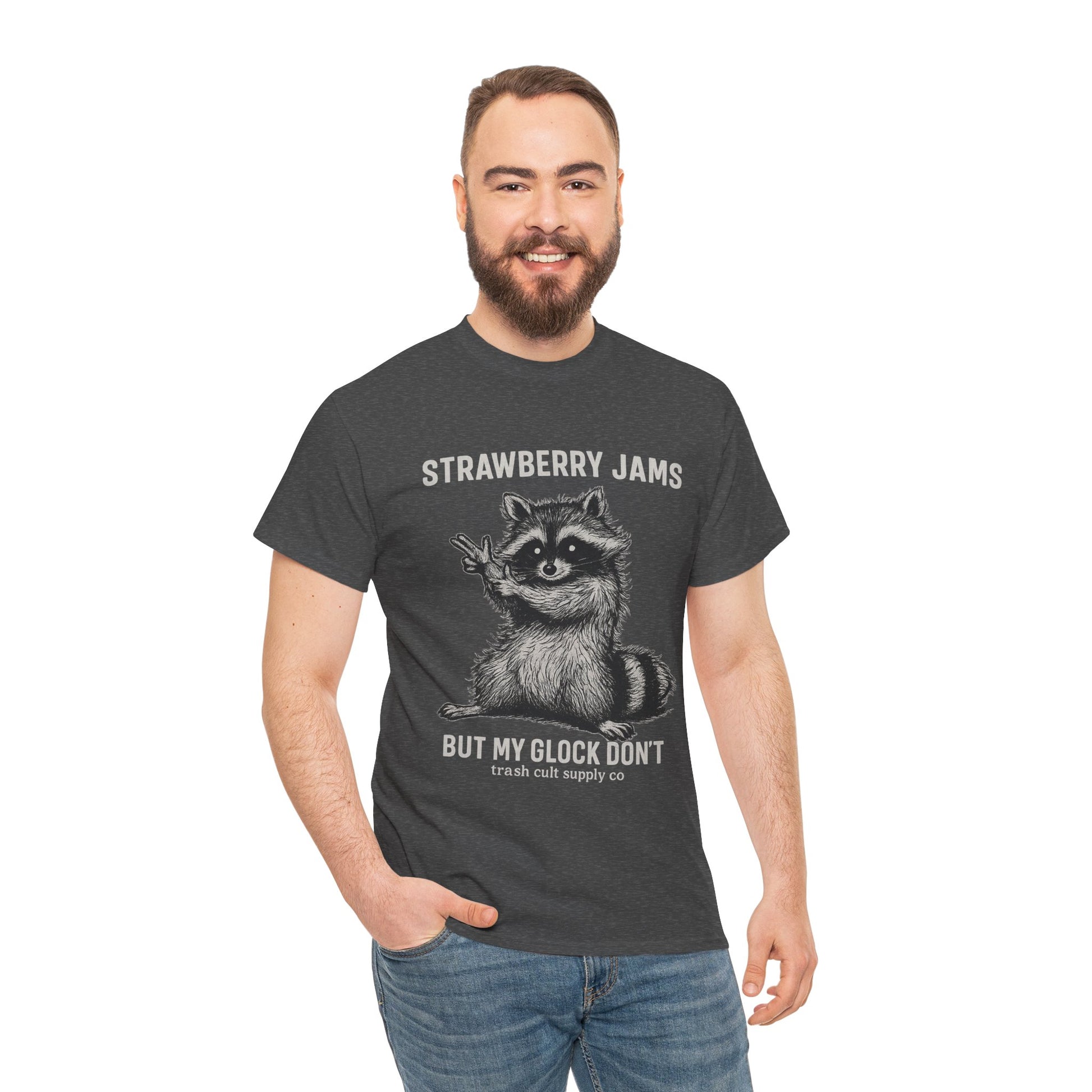 Strawberry Jams But My Glock Don’t Raccoon Shirt – Trash Cult Supply Co. Gildan 5000 Tee