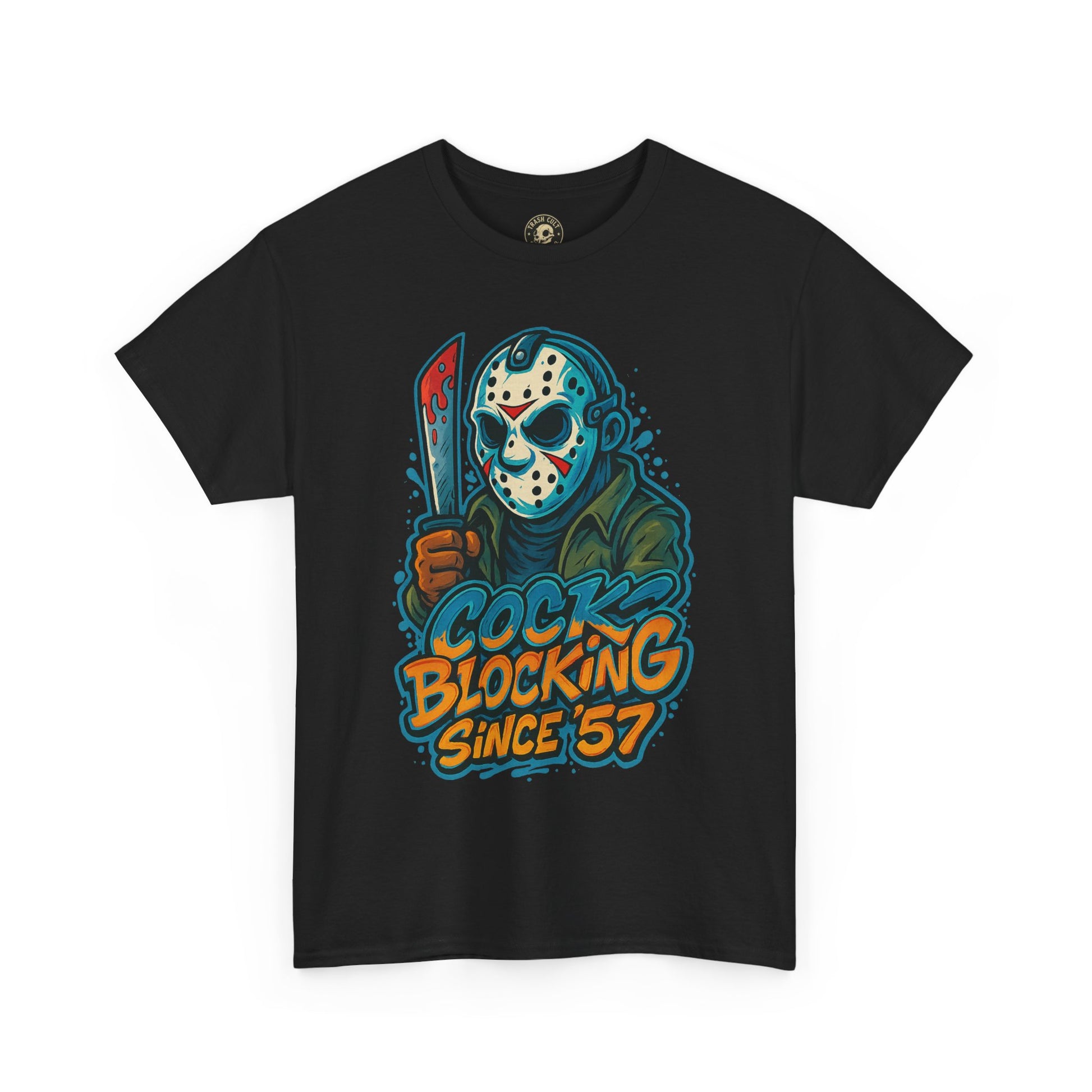 Jason Voorhees “Cock Blocking Since ’57” Funny Horror T-Shirt – Gildan 5000 | Slasher Meme Graphic Tee