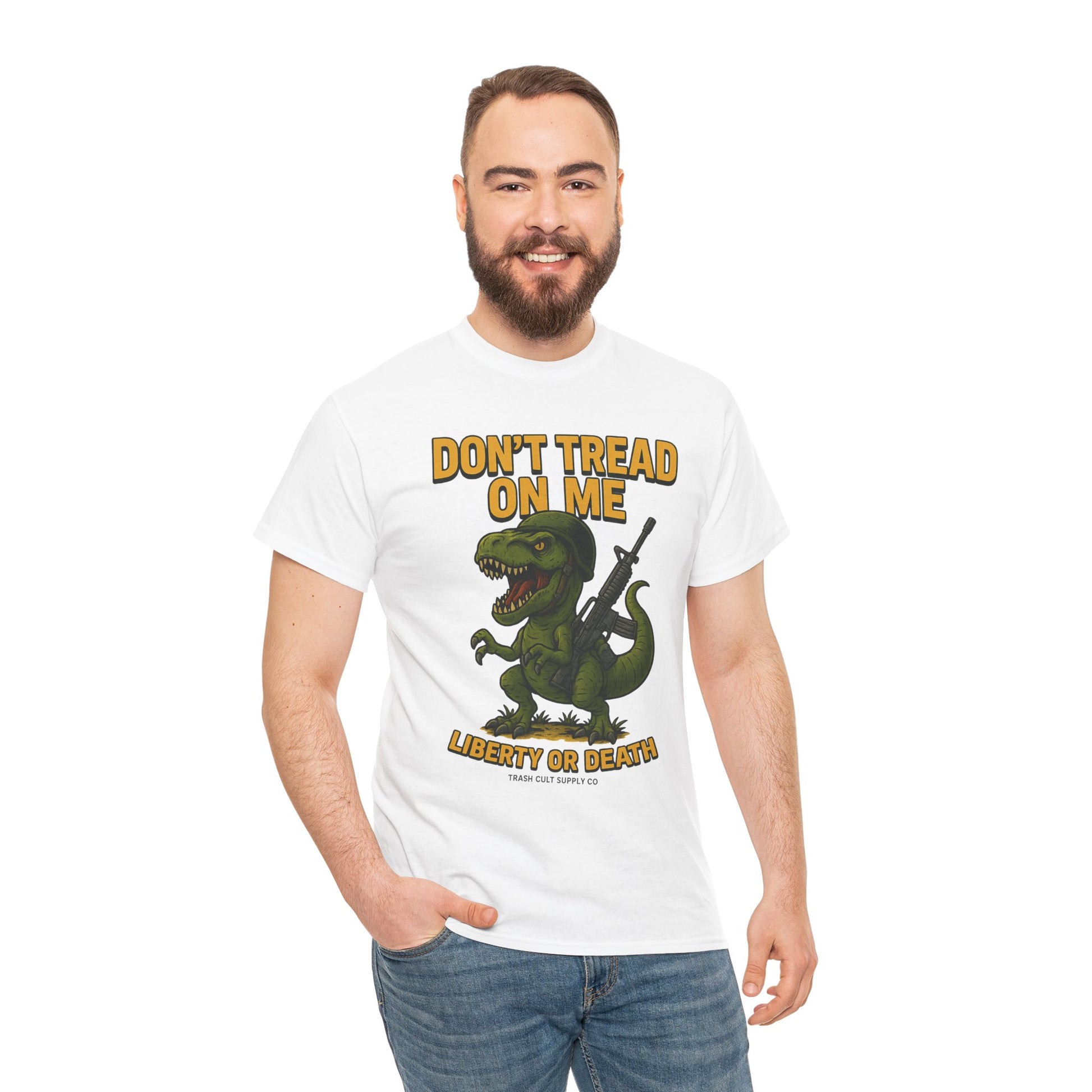 Don’t Tread On Me T-Rex T-Shirt – Liberty or Death Graphic | Trash Cult Supply Co. | Gildan 5000 Heavy Cotton